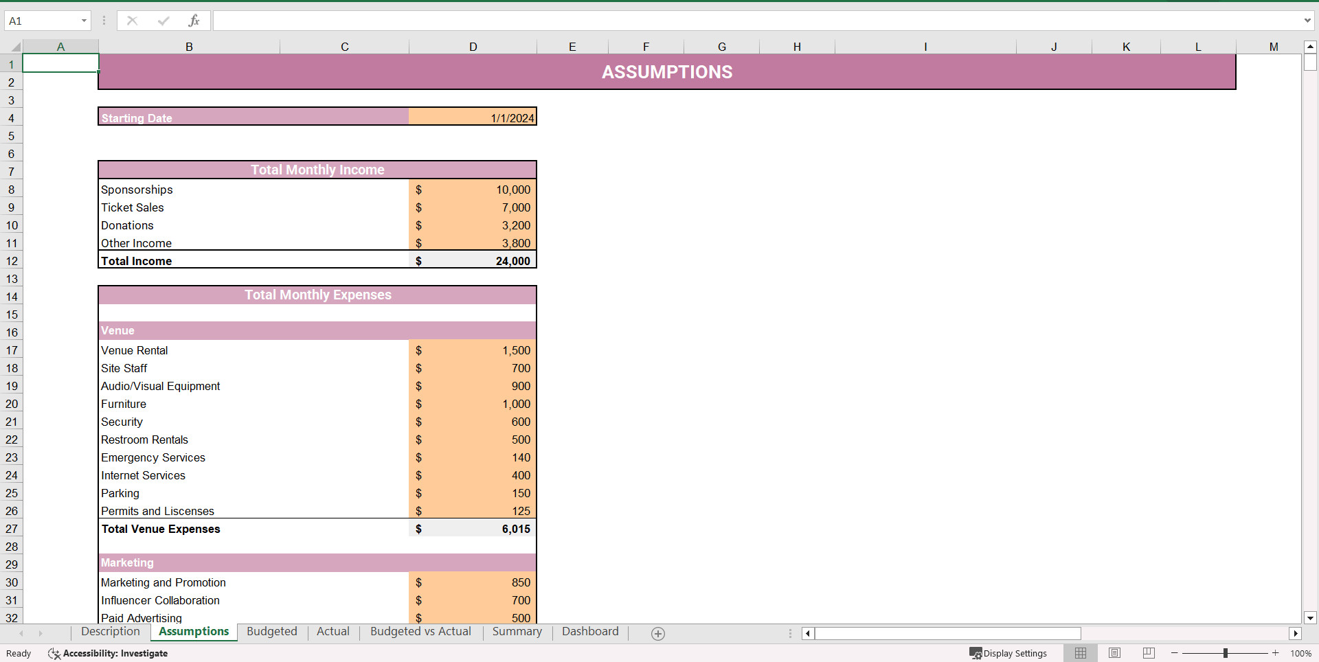 Event Planning Budget Template Excel Financial Model (Excel template (XLSX)) Preview Image