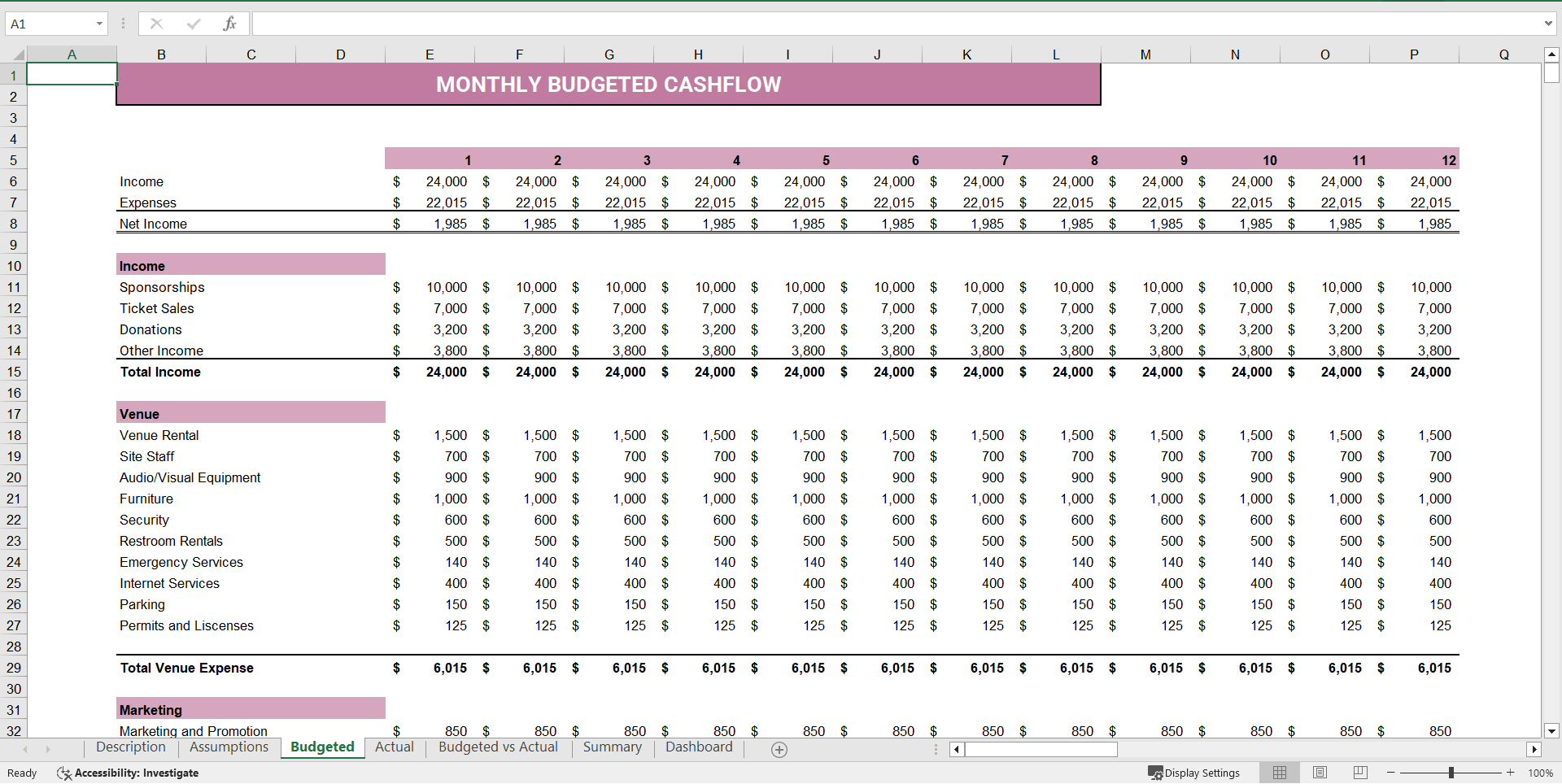 Event Planning Budget Template Excel Financial Model (Excel template (XLSX)) Preview Image