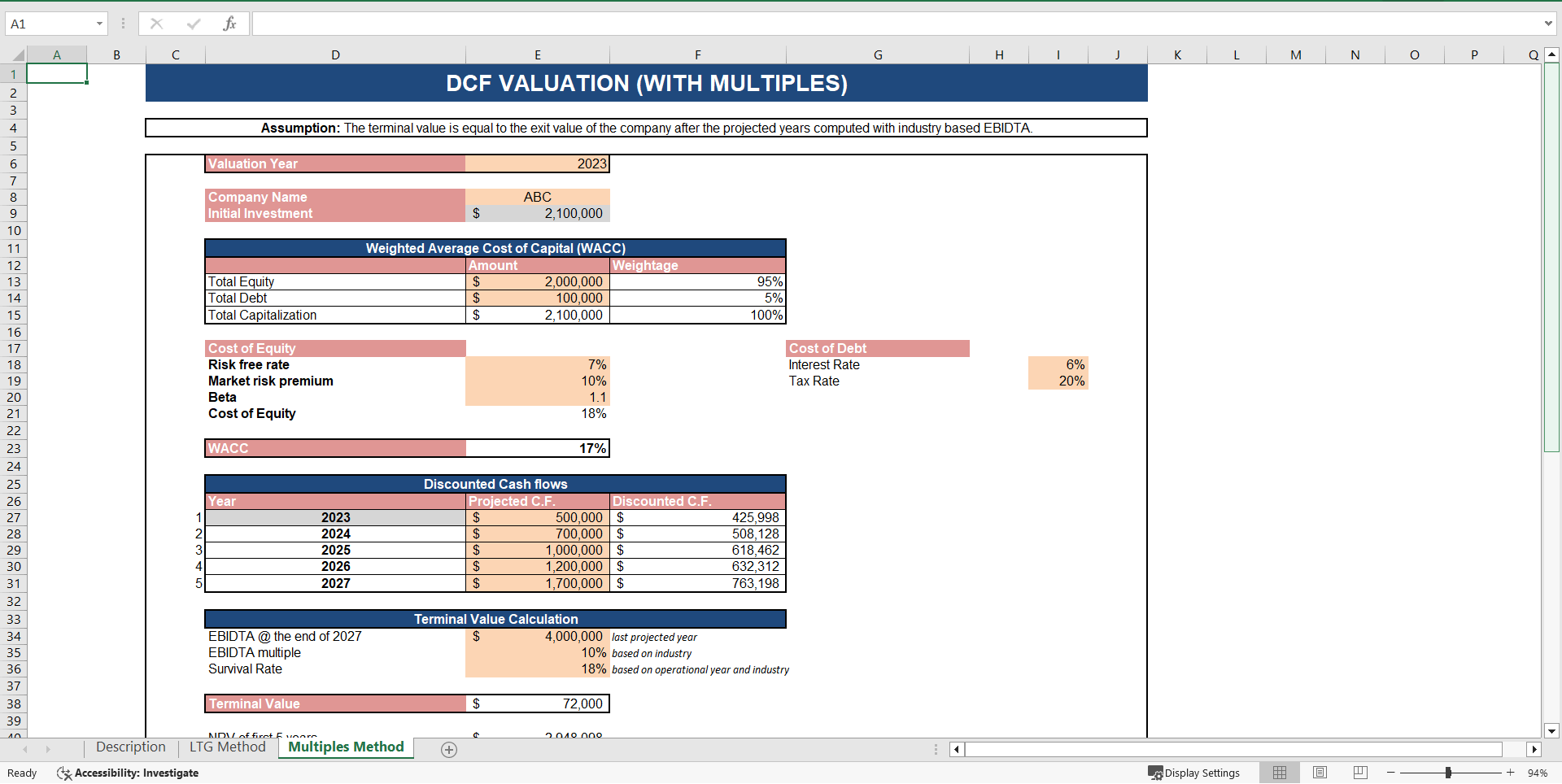 DCF Valuation Calculator (Excel template (XLSX)) Preview Image