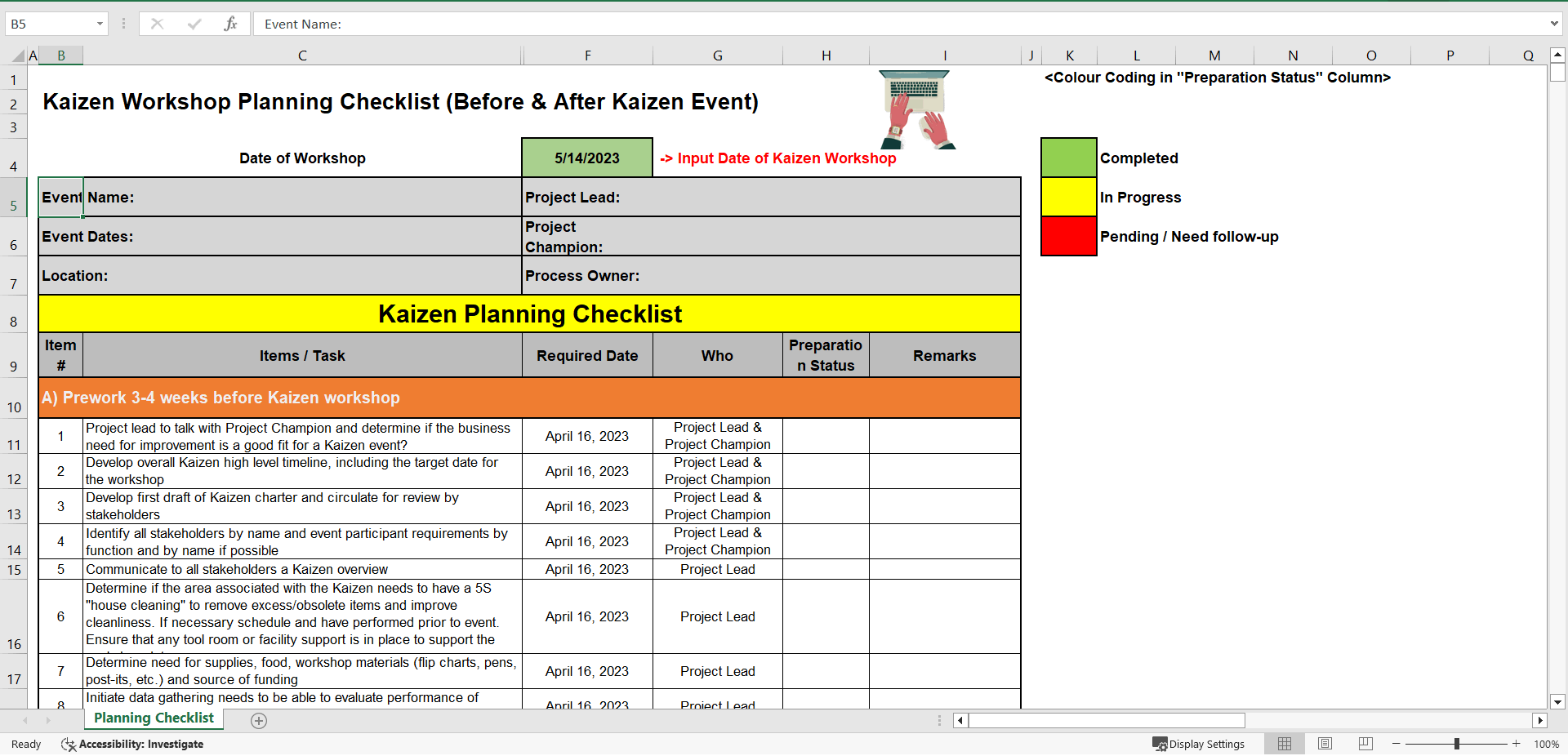 Kaizen Workshop Planning Checklist (Before & After) (Excel template (XLSX)) Preview Image
