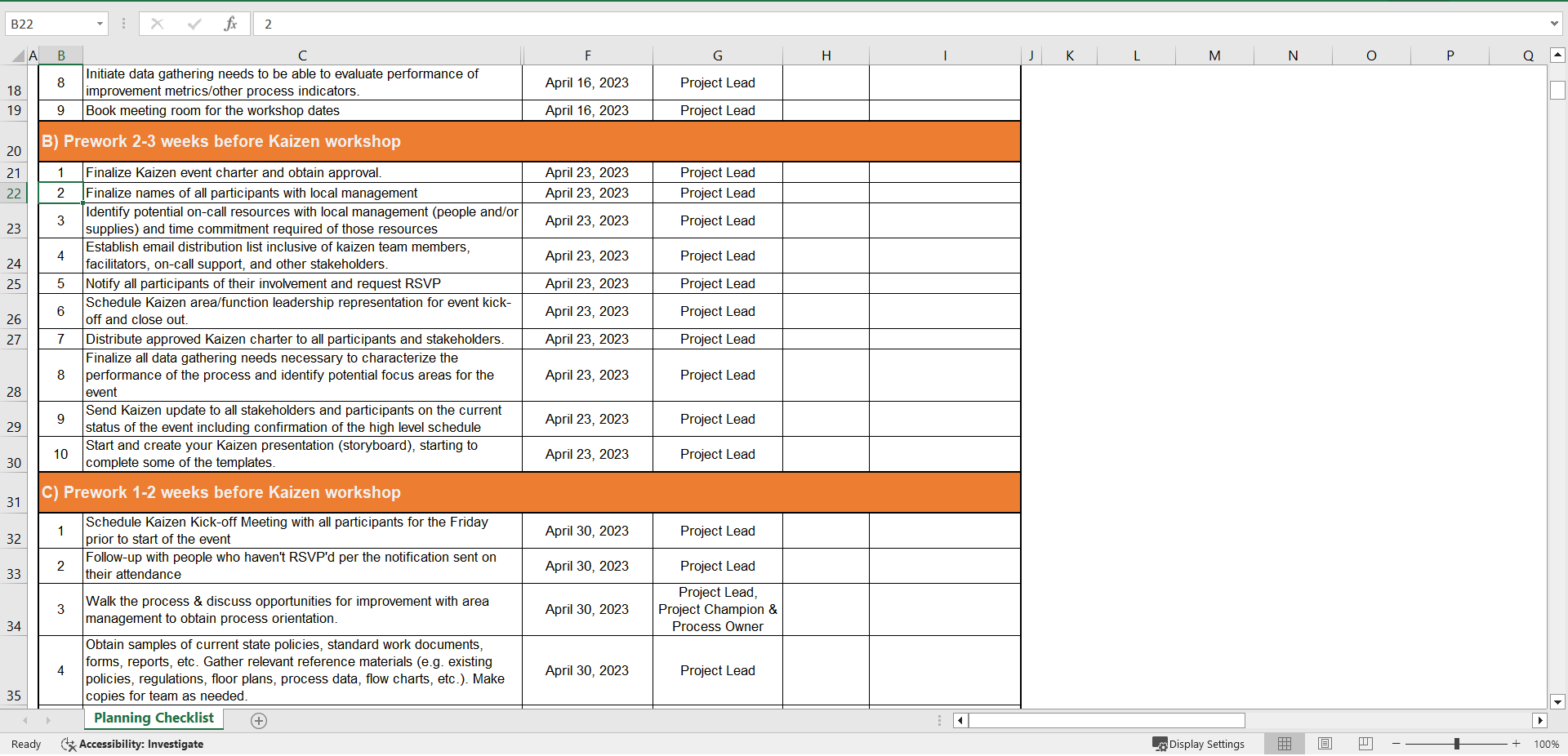 Kaizen Workshop Planning Checklist (Before & After) (Excel template (XLSX)) Preview Image