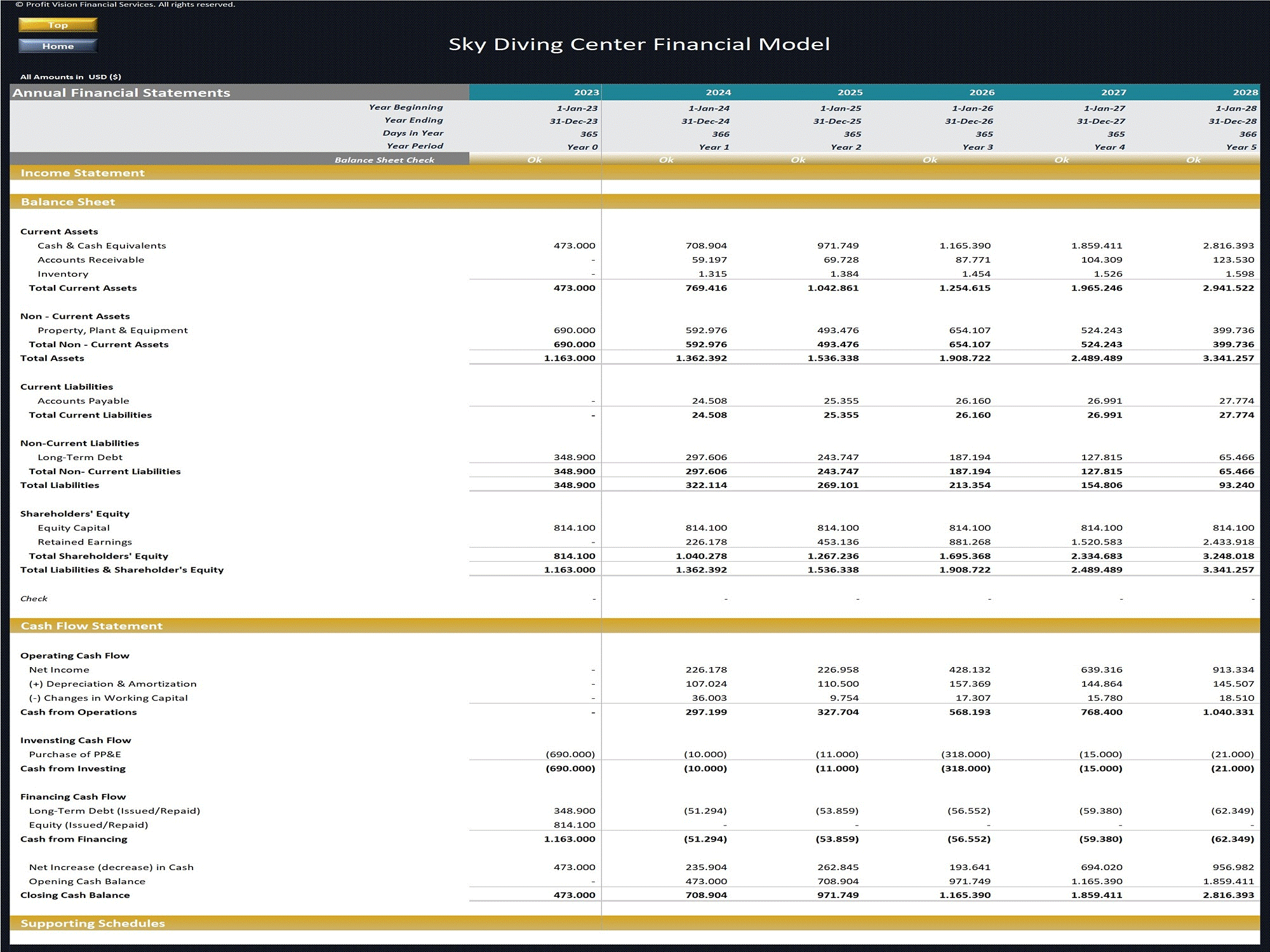 Sky Diving Center – 5 Year Financial Model (Excel template (XLSX)) Preview Image