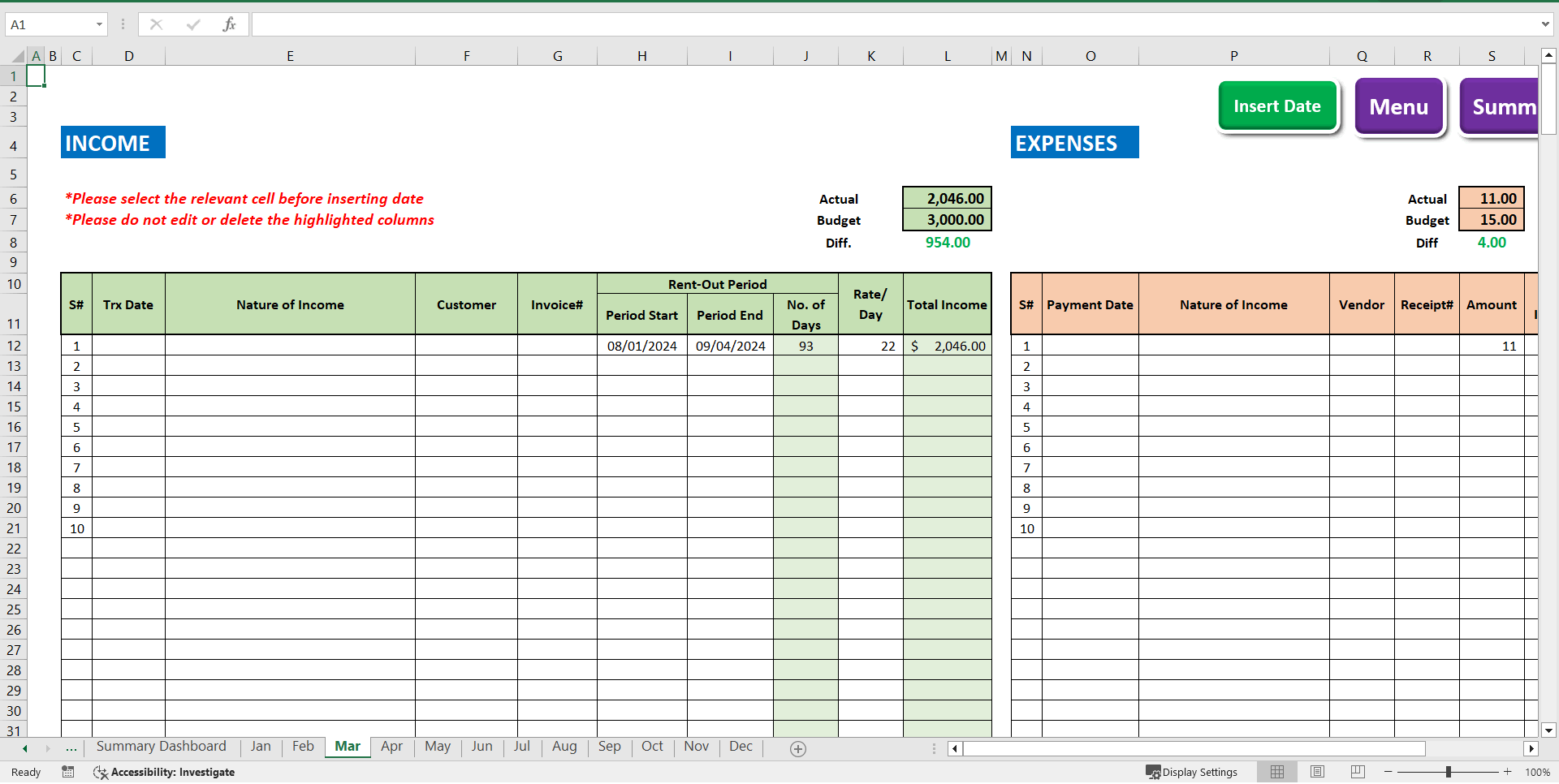 Rental Property Business Income & Expense Tracker Template (Excel template (XLSM)) Preview Image