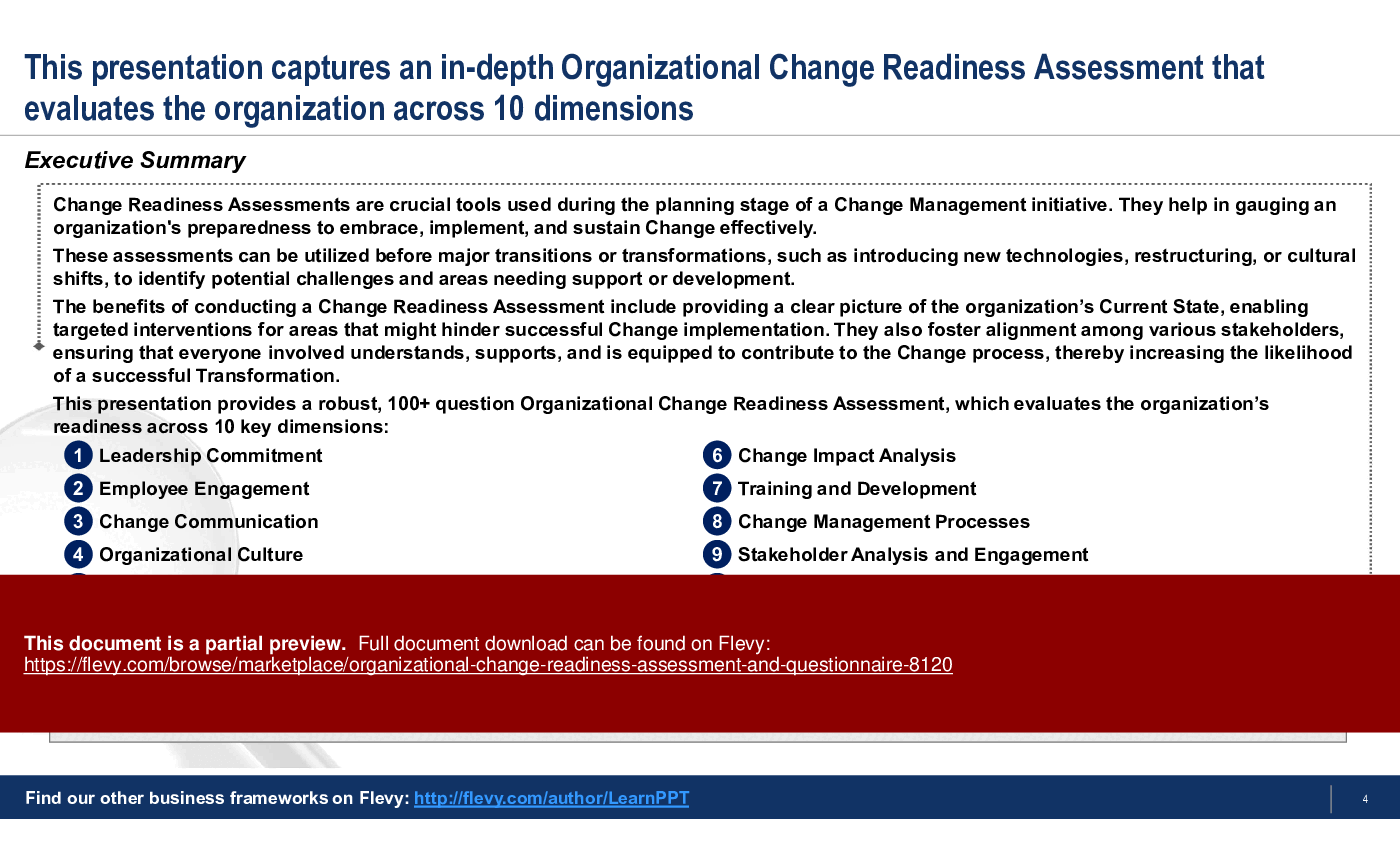 Organizational Change Readiness Assessment & Questionnaire (50-slide PPT PowerPoint presentation (PPTX)) Preview Image