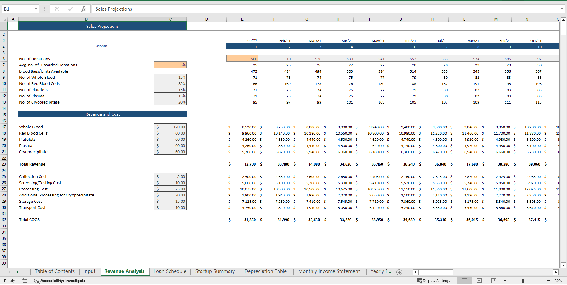 Blood Bank Excel Financial Model Template (Excel template (XLSX)) Preview Image