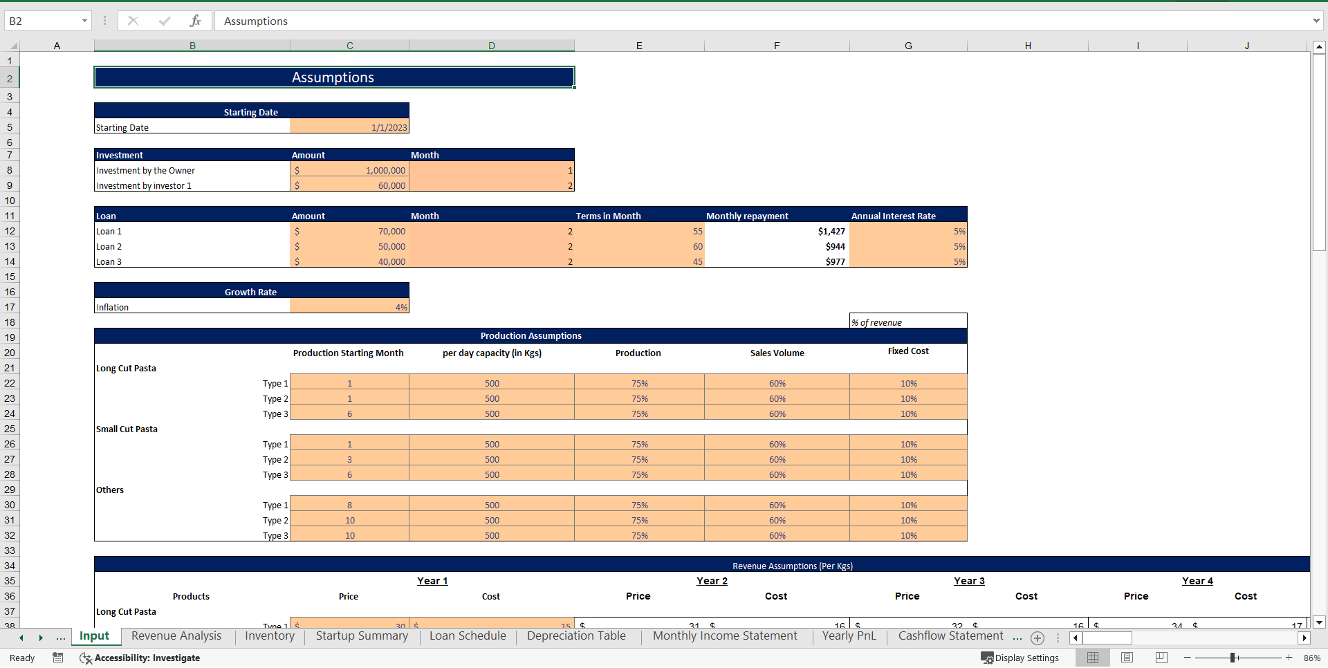 Pasta Manufacturing Excel Financial Model (Excel template (XLSX)) Preview Image