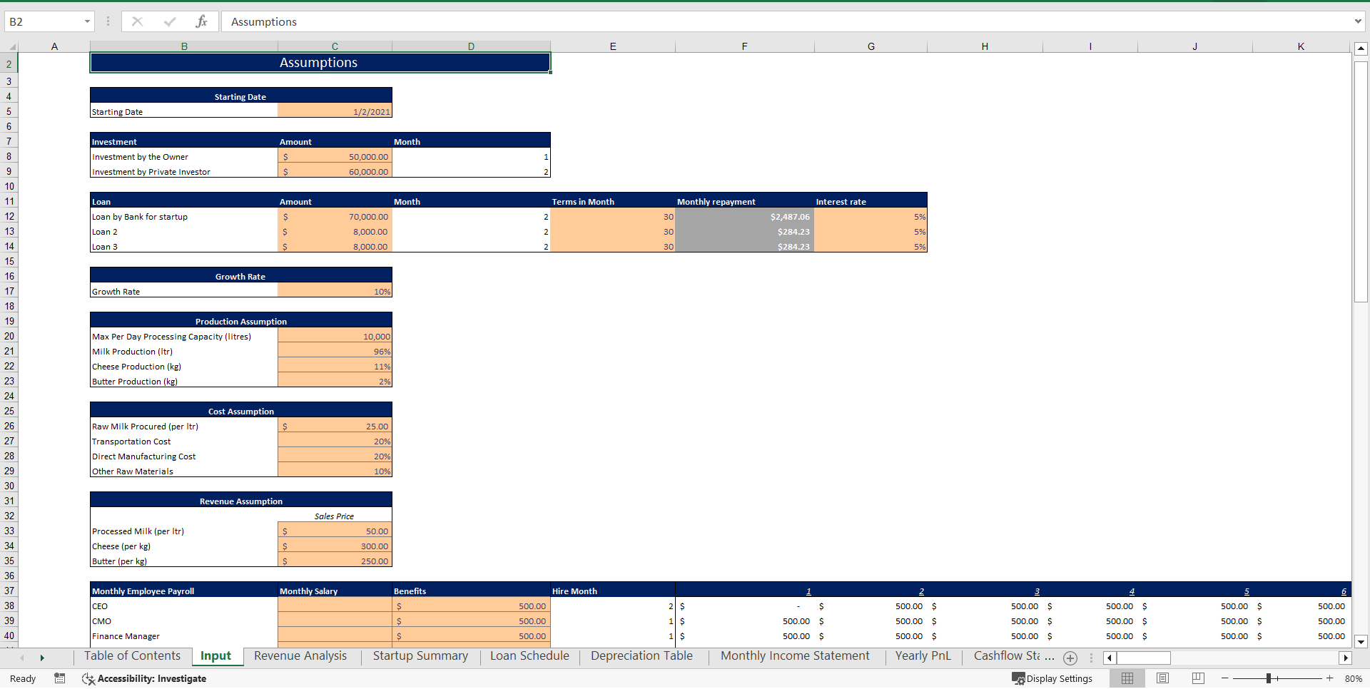Milk Processing Plant Excel Financial Model (Excel template (XLSX)) Preview Image