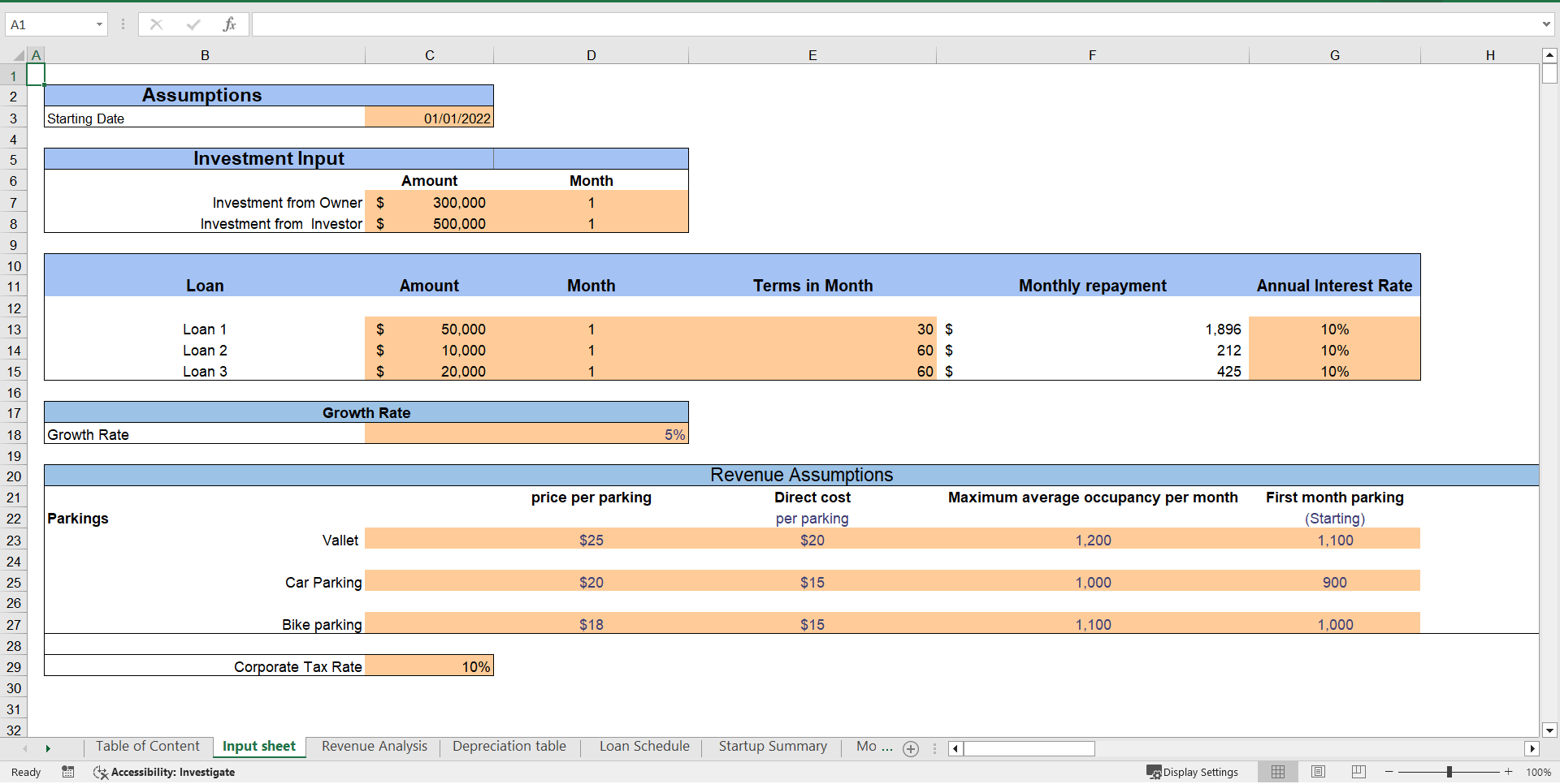 Parking Lot Excel Financial Model Template (Excel template (XLSX)) Preview Image