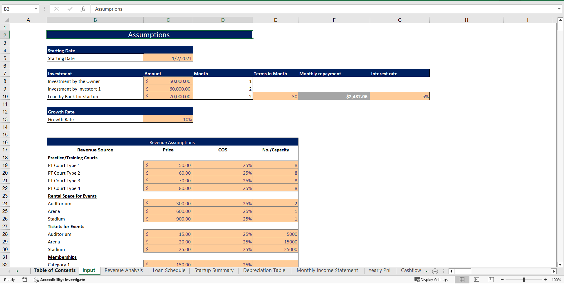 Multi-Sports Complex Excel Financial Model Template (Excel template (XLSX)) Preview Image