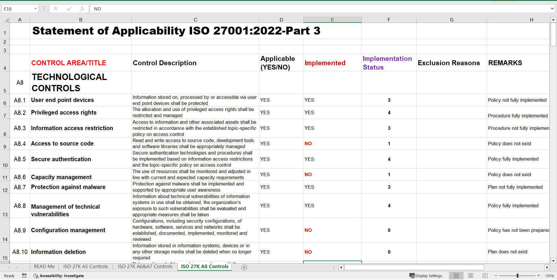 ISO 27001/2-2022 Version - Statement of Applicability (Excel template (XLSX)) Preview Image