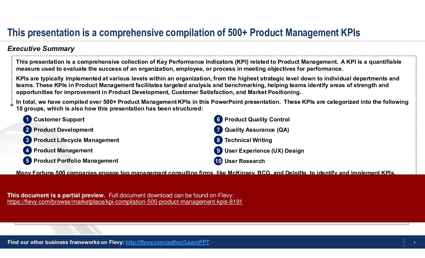 KPI Compilation: 500+ Product Management KPIs (112-slide PPT PowerPoint presentation (PPTX)) Preview Image