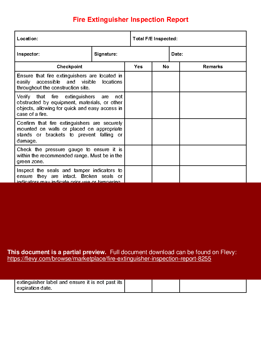 Fire Extinguisher Inspection Report (1-page Word document) Preview Image