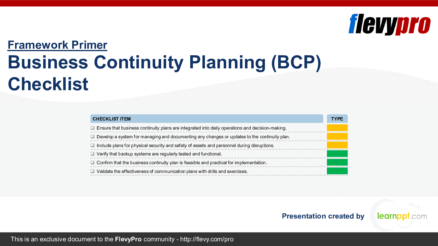 Business Continuity Planning (BCP) Checklist (21-slide PPT PowerPoint presentation (PPTX)) Preview Image