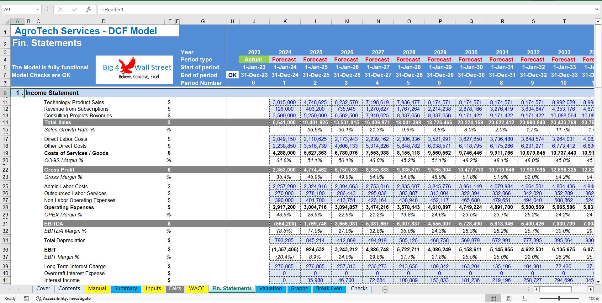 AgroTech Services Financial Model (10-Year DCF and Valuation) (Excel template (XLSX)) Preview Image