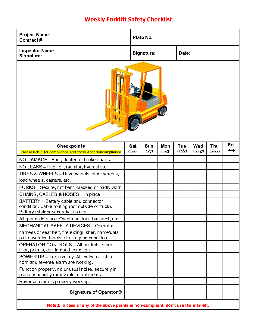 Excavator Forklift Grader Manlift Loader Safety Checklist