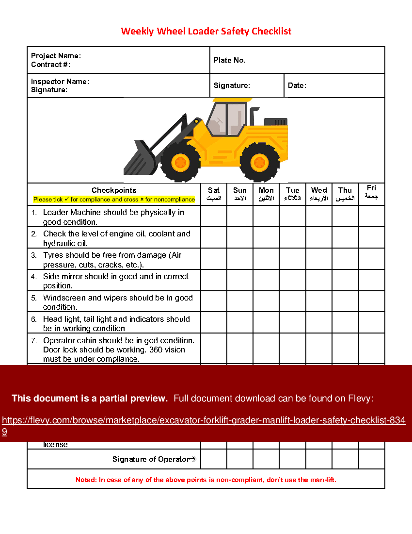 Excavator Forklift Grader Manlift Loader Safety Checklist (5-page Word document) Preview Image