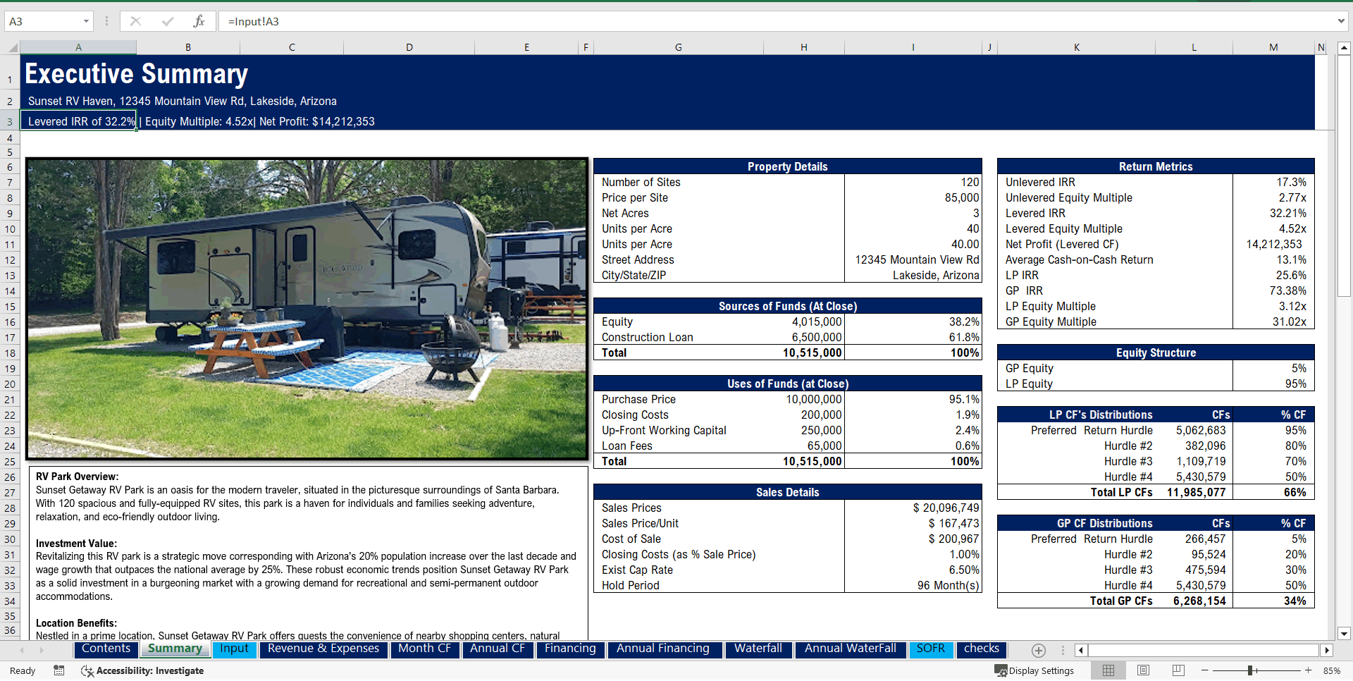 Real Estate – RV Park Acquisition Model (Excel template (XLSX)) Preview Image