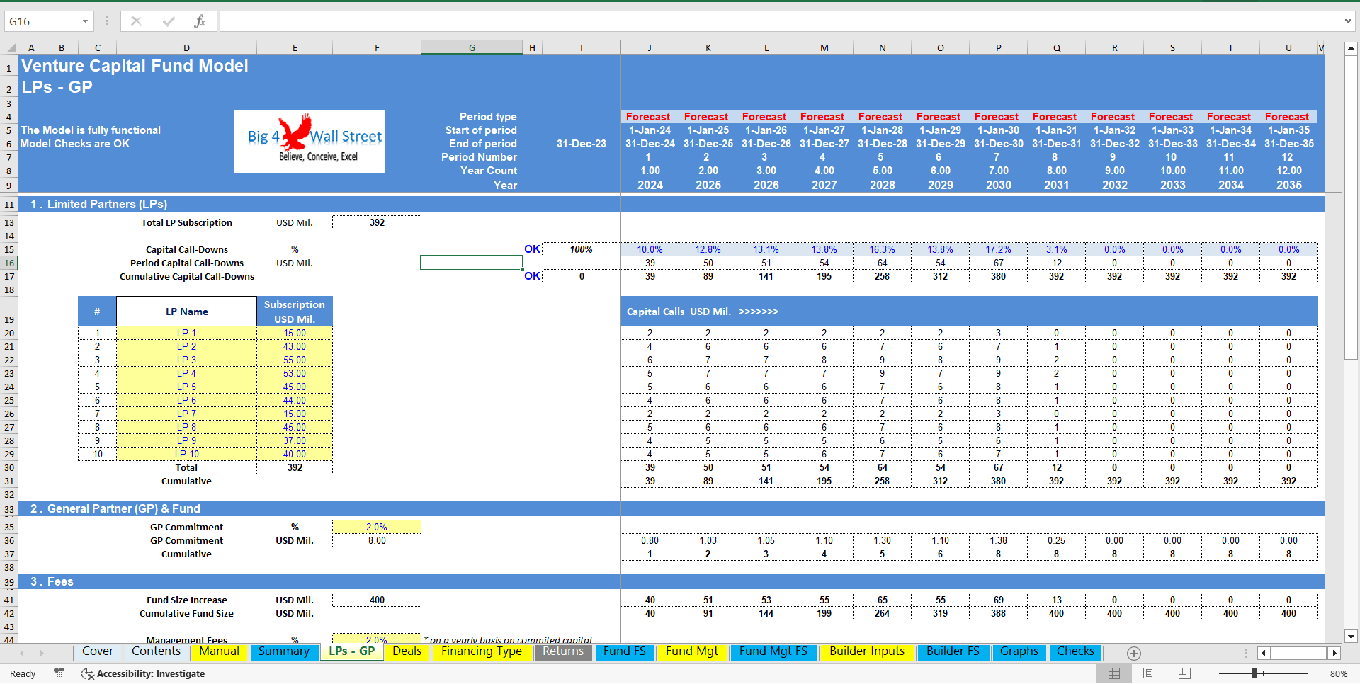 10+ Year Venture Capital Fund Model (Excel template (XLSX)) Preview Image