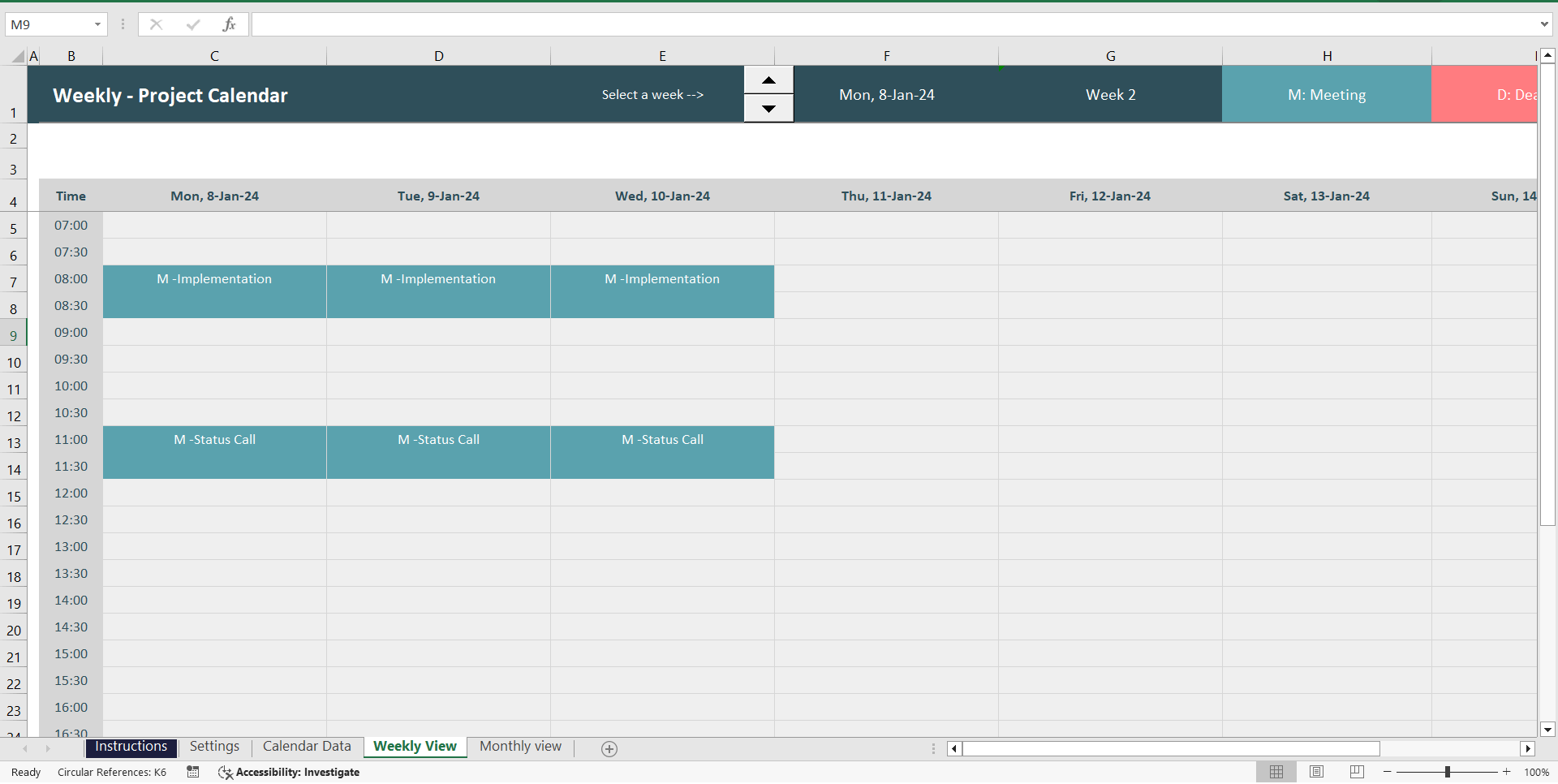 Dynamic Appointment Scheduler / Calendar Weekly/Monthly View (Excel template (XLSM)) Preview Image