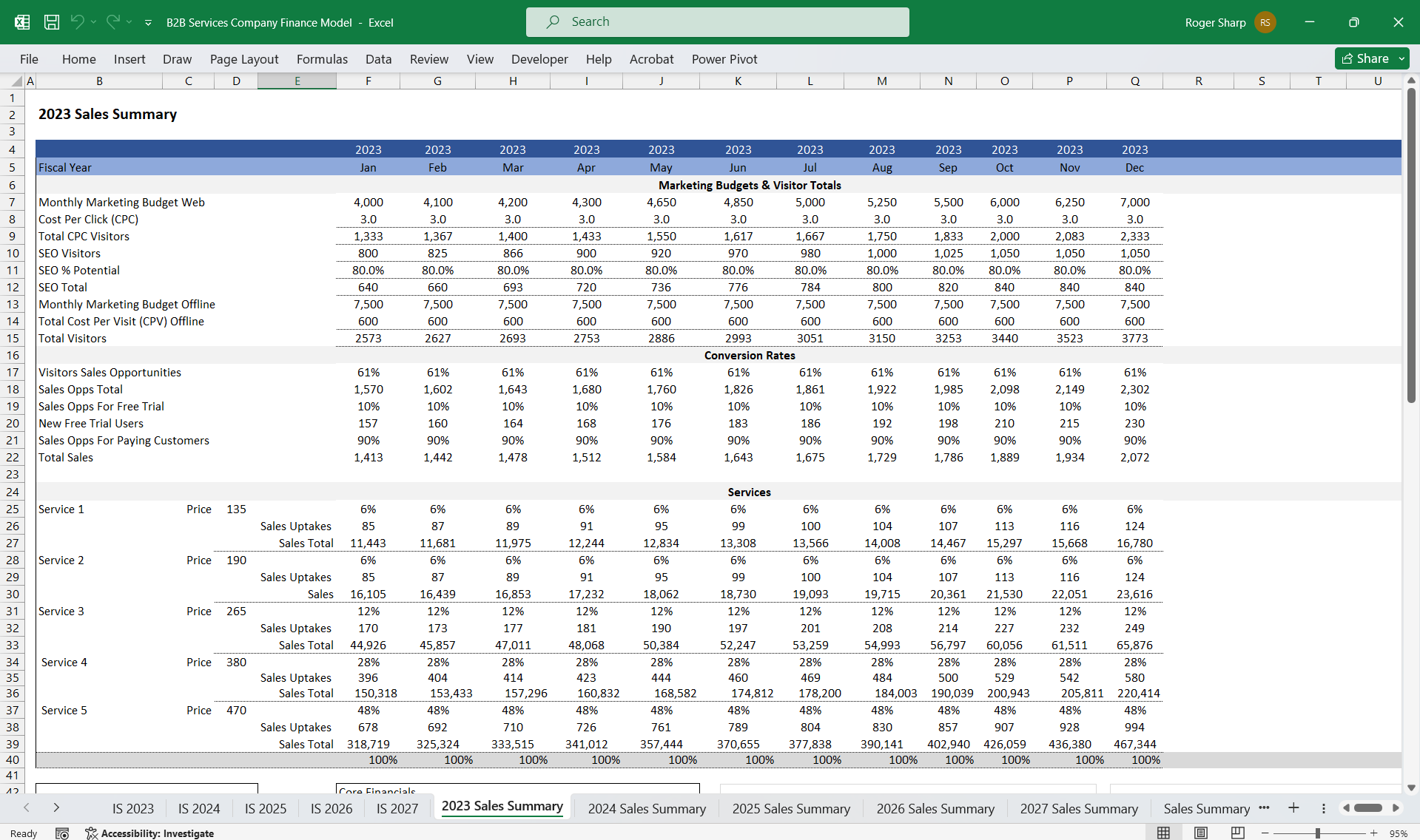 B2B Services Company Finance Model 5 Year 3 Statement (Excel template (XLSX)) Preview Image