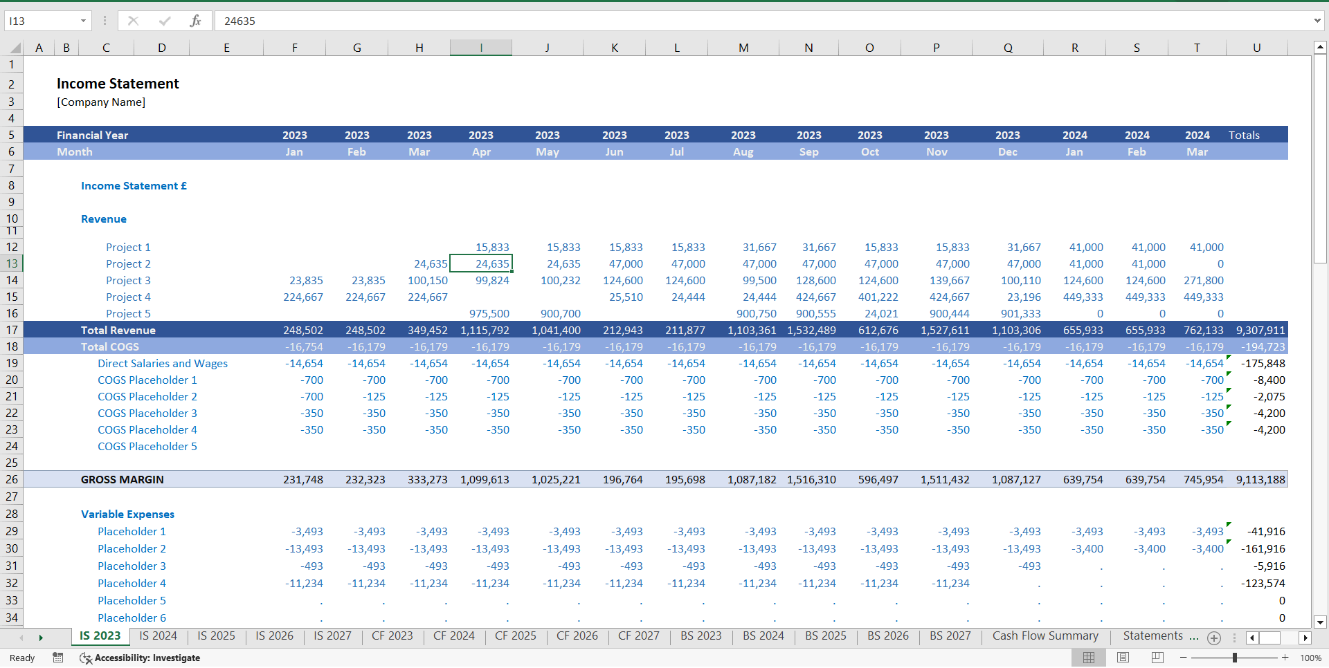 Start Up Company Financial Model 5 Year 3 Statement (Excel template (XLSX)) Preview Image