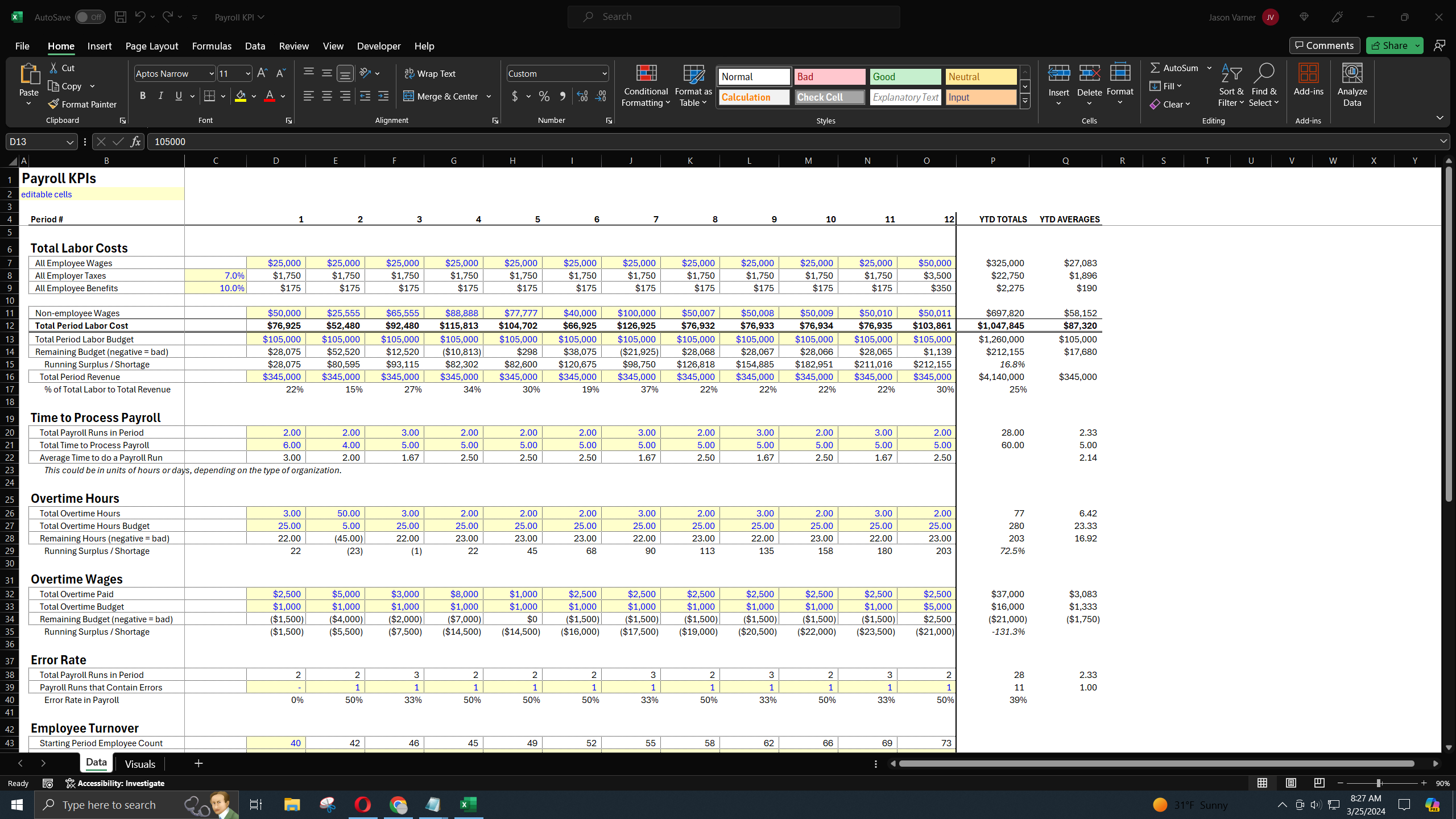 Payroll KPI Dashboard (Excel template (XLSX)) Preview Image