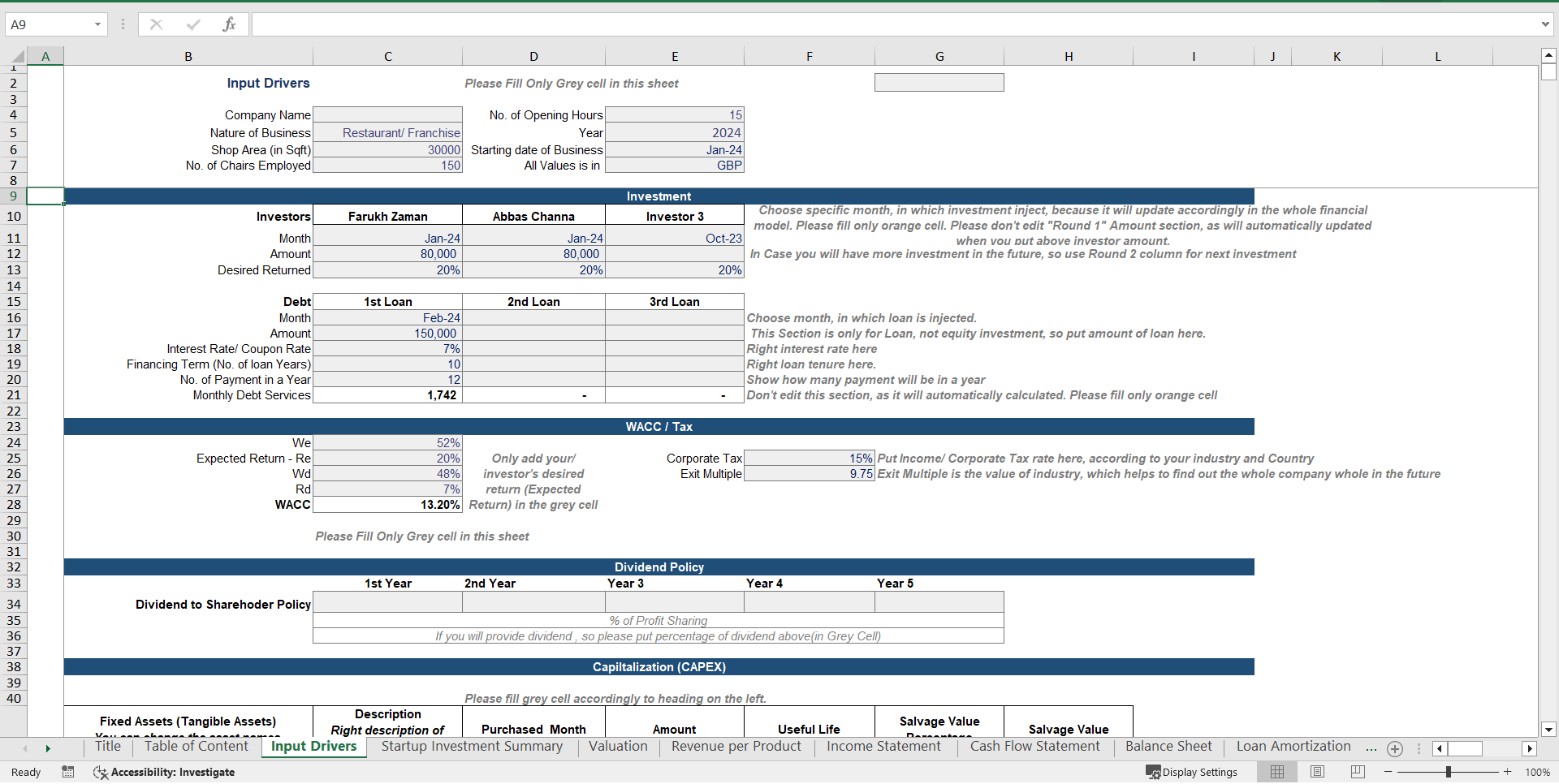 Restaurant Financial Model and Valuation (Excel template (XLSX)) Preview Image