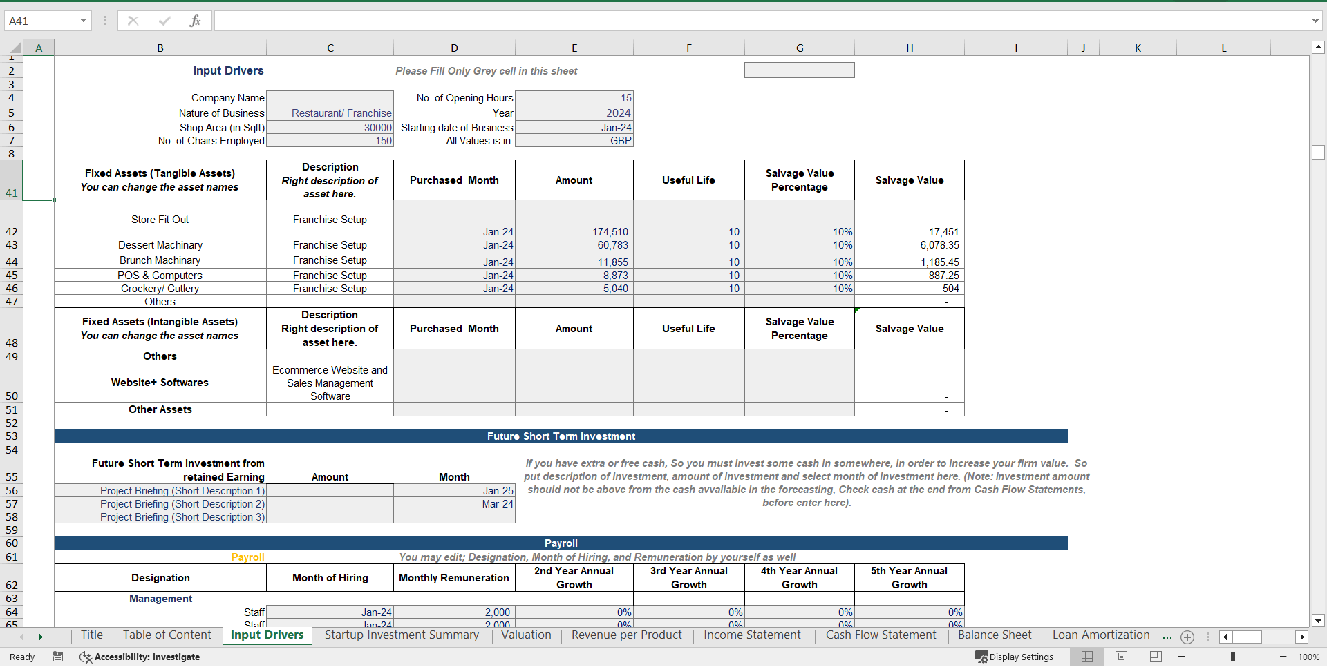 Restaurant Financial Model and Valuation (Excel template (XLSX)) Preview Image