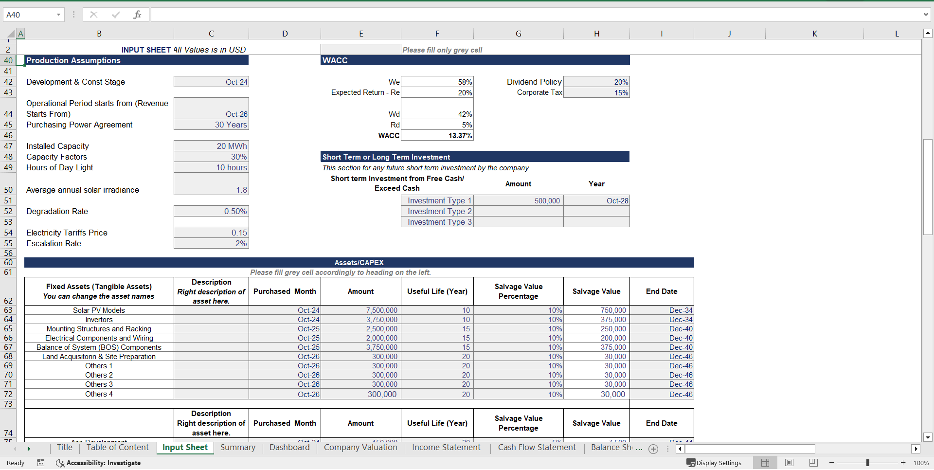 Solar Power Plan Financial Model and Valuation (Excel template (XLSX)) Preview Image