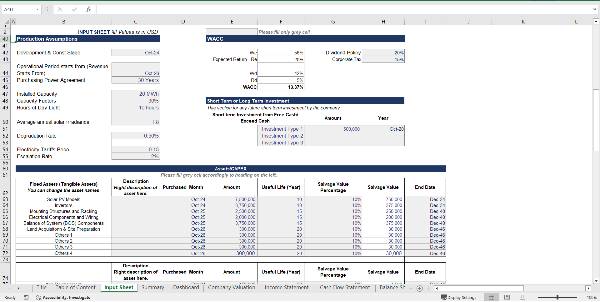 Solar Plant Financial Model and Valuation (Excel template (XLSX)) Preview Image