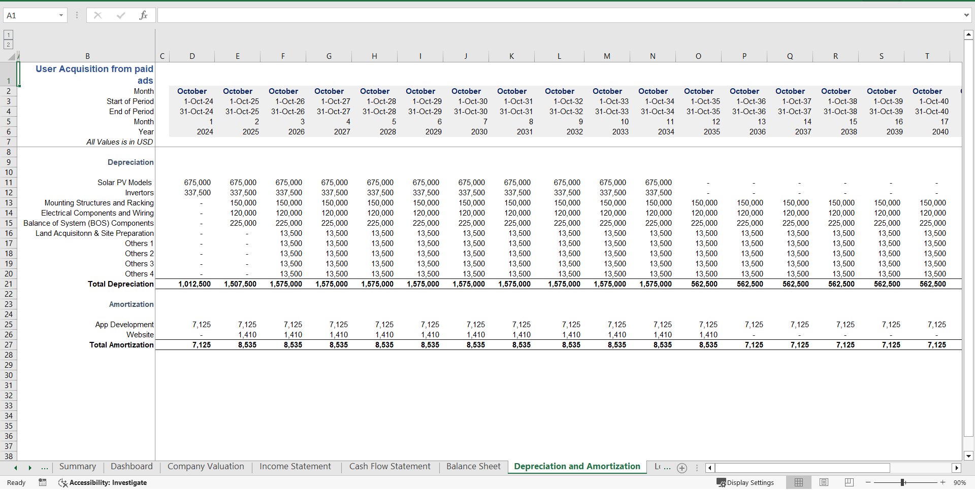 Solar Power Plant Financial Model and Valuation (Excel template (XLSX)) Preview Image