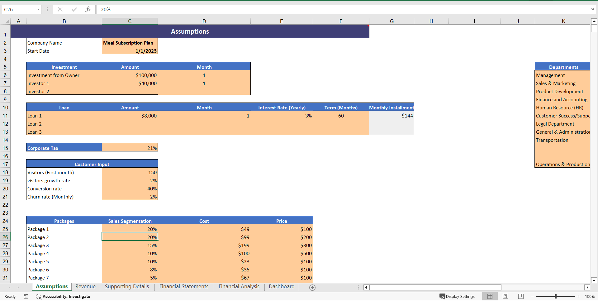 Meal Subscription Plan Excel Financial Model Projection (Excel template (XLSX)) Preview Image