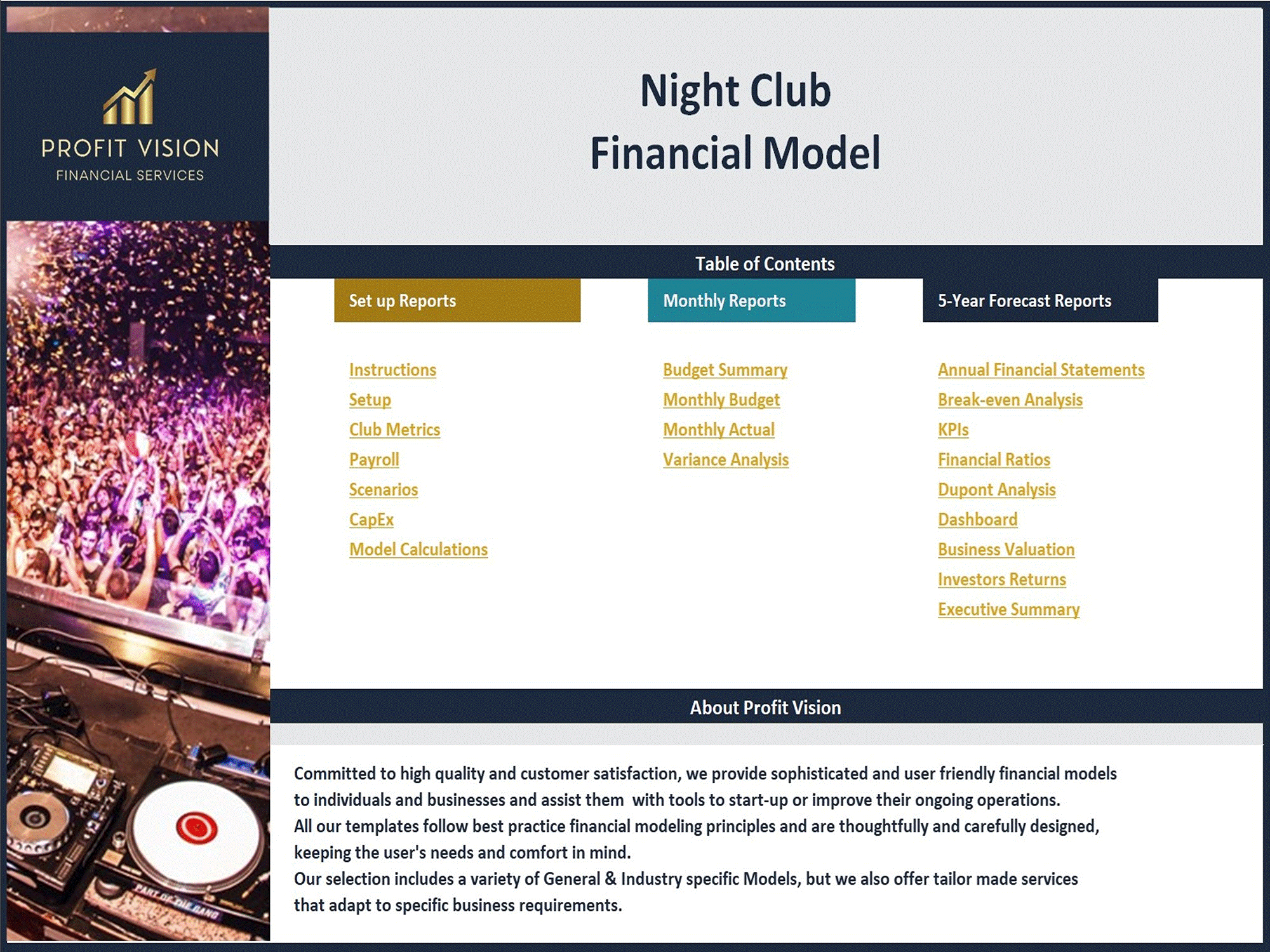 Night Club – 5 Year Financial Model (Excel template (XLSX)) Preview Image