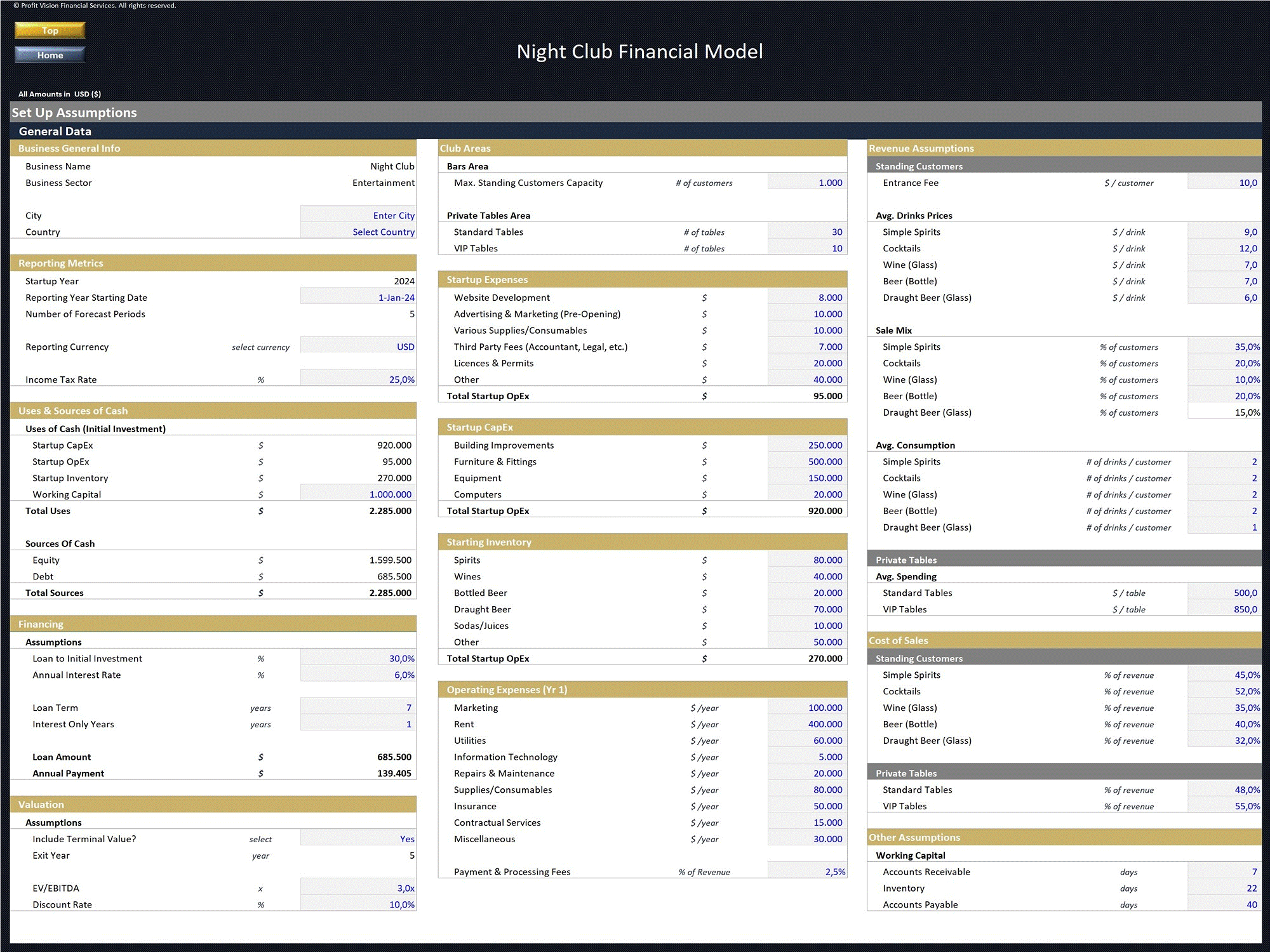 Night Club – 5 Year Financial Model (Excel template (XLSX)) Preview Image