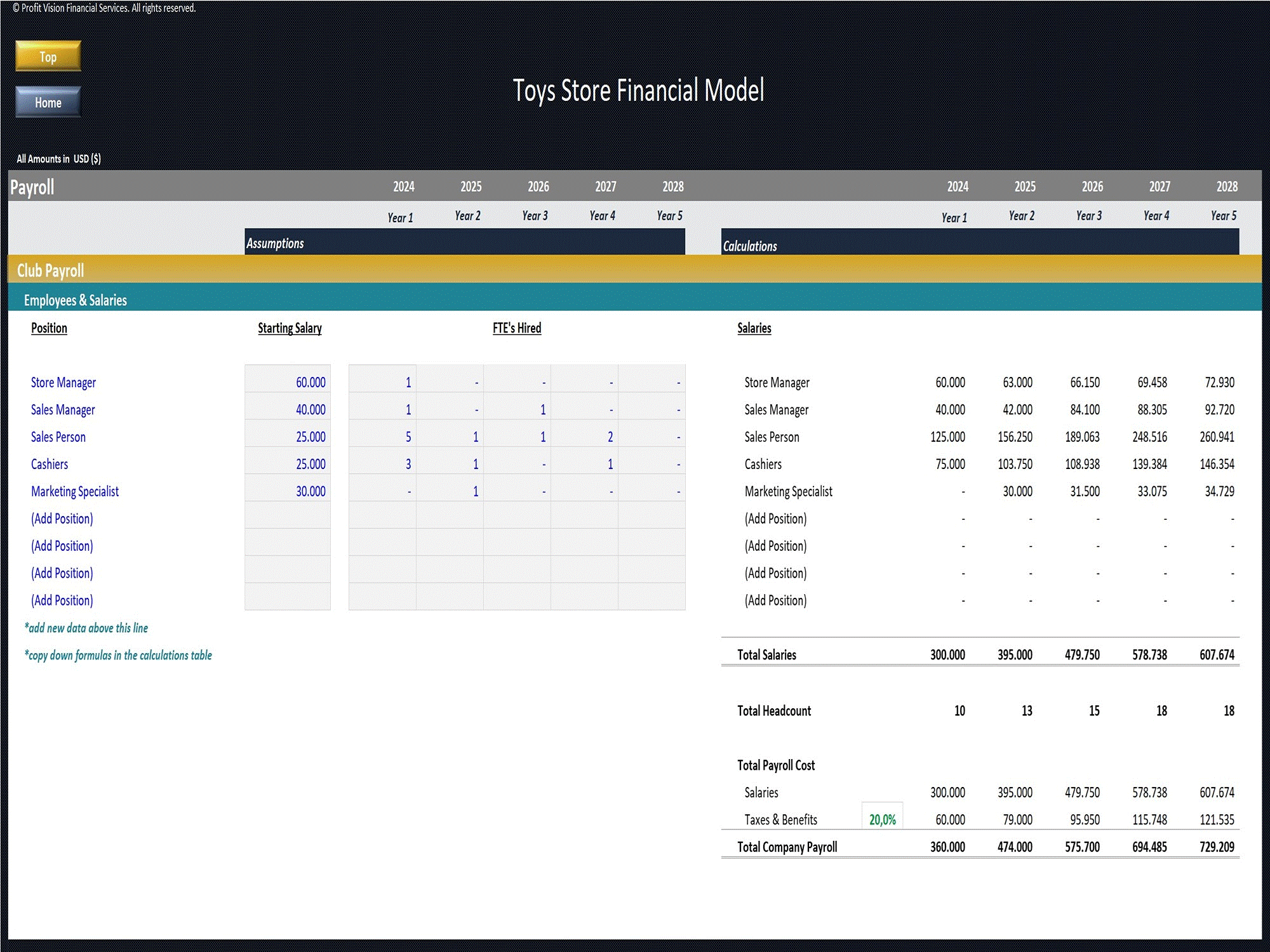 Toys Store – 5 Year Financial Model (Excel template (XLSX)) Preview Image