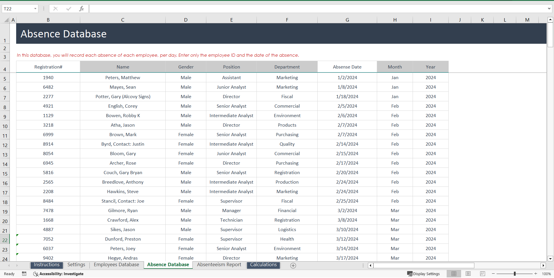 Absenteeism Report Excel Template (Excel template (XLSX)) Preview Image