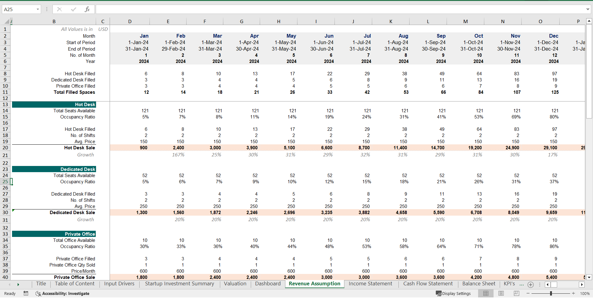 Coworking Space Financial Model (Excel template (XLSX)) Preview Image