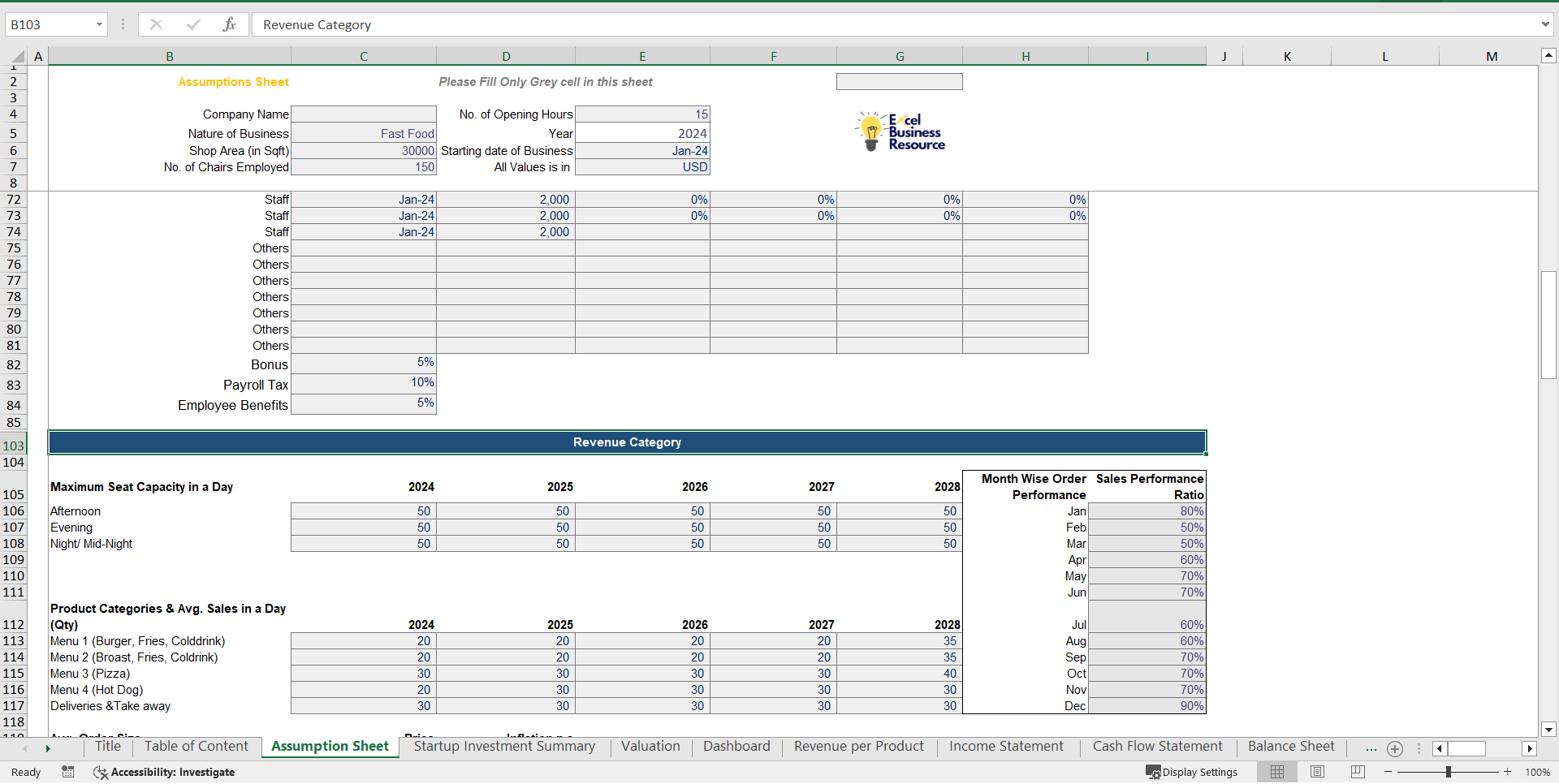 Fast Food Restaurant Financial Model & Valuation Spreadsheet (Excel template (XLSX)) Preview Image