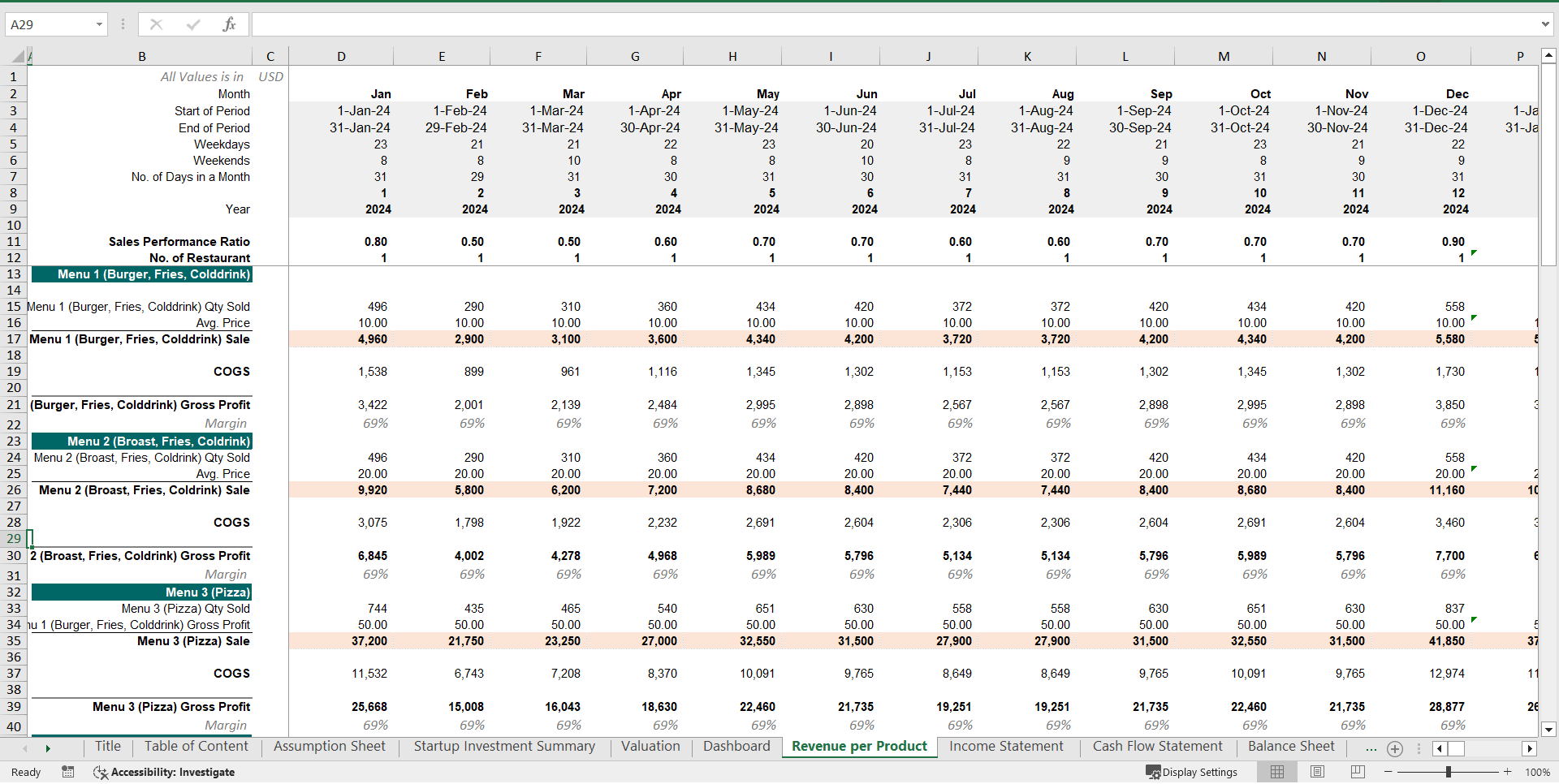 Fast Food Restaurant Financial Model & Valuation Spreadsheet (Excel template (XLSX)) Preview Image