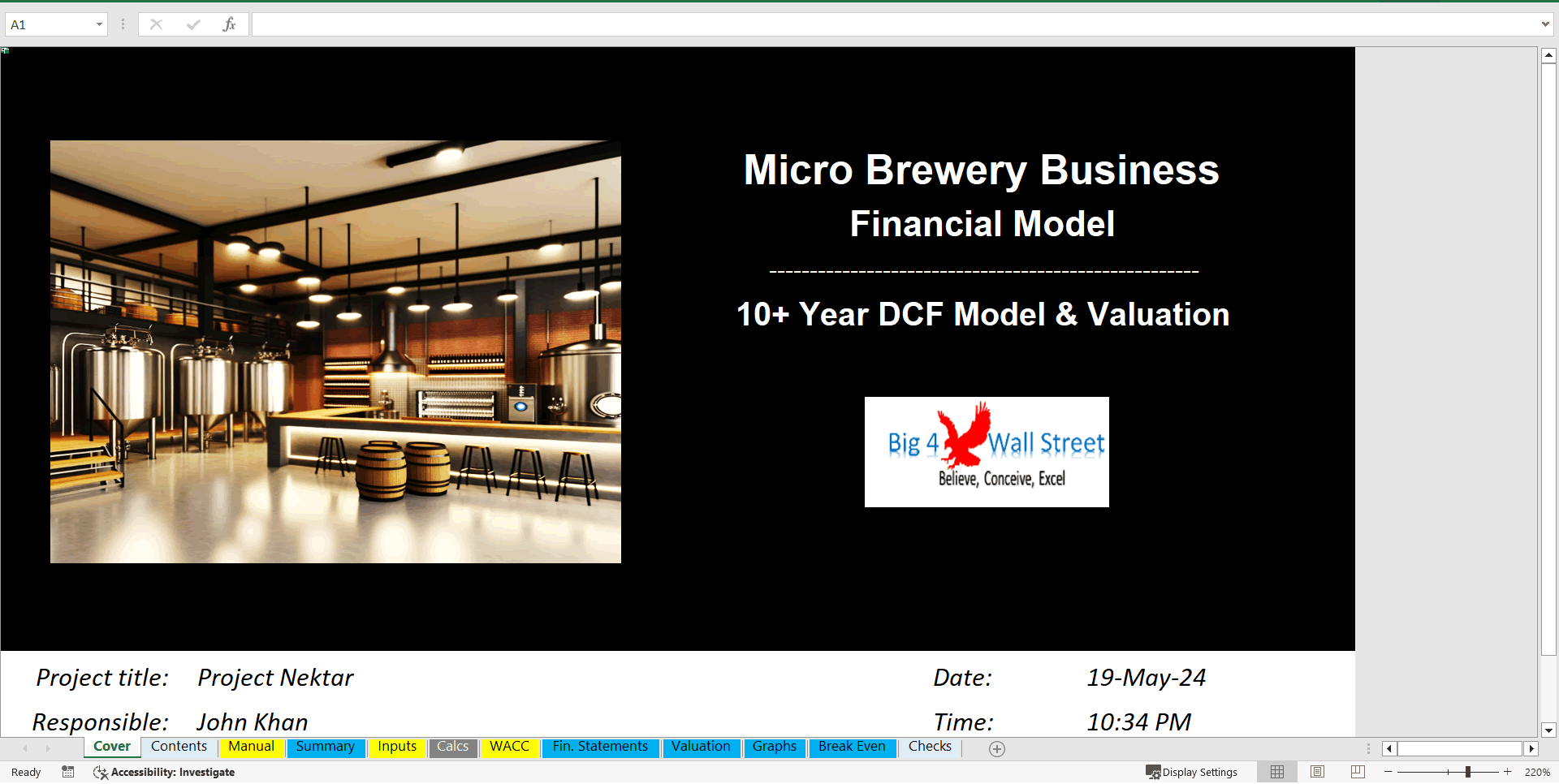 Micro-Brewery Business Financial Model (DCF and Valuation) (Excel template (XLSX)) Preview Image