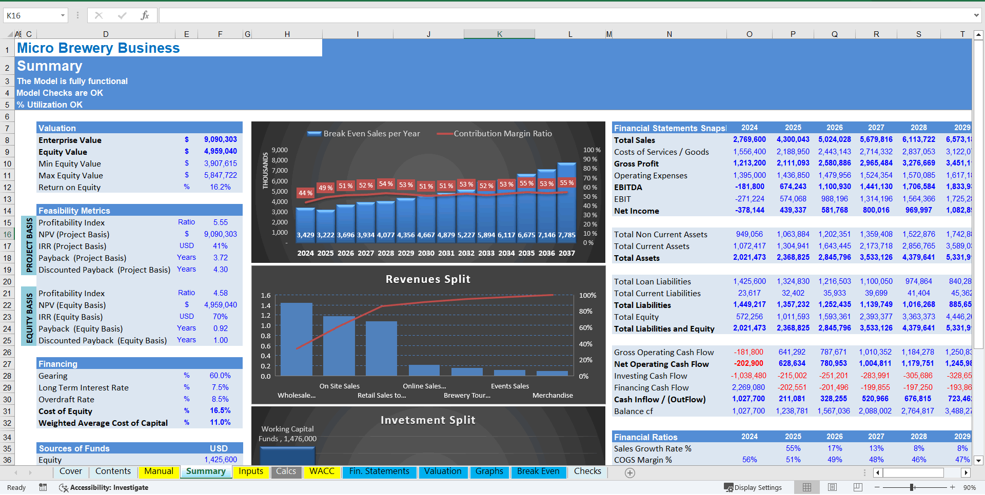 Micro-Brewery Business Financial Model (DCF and Valuation) (Excel template (XLSX)) Preview Image