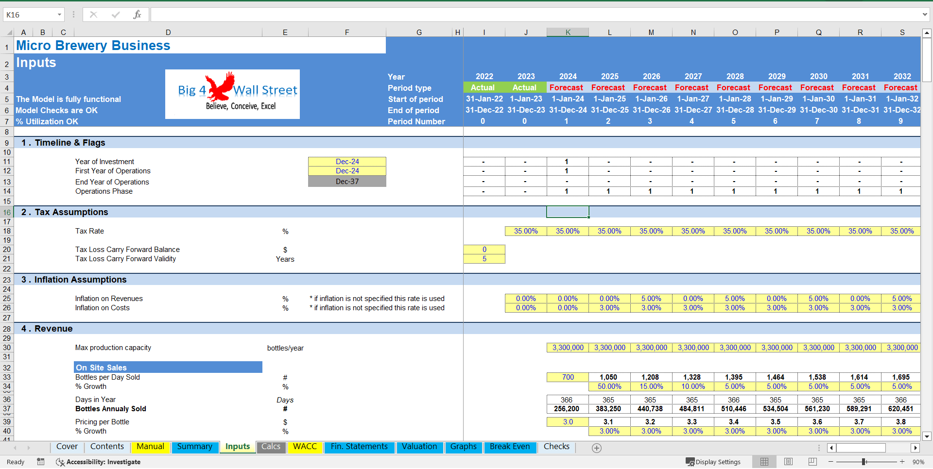 Micro-Brewery Business Financial Model (DCF and Valuation) (Excel template (XLSX)) Preview Image