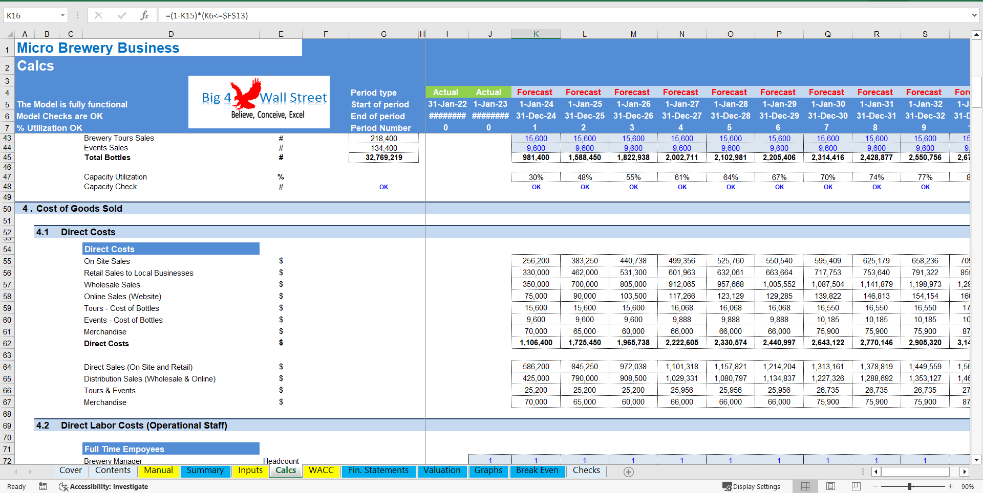 Micro-Brewery Business Financial Model (DCF and Valuation) (Excel template (XLSX)) Preview Image