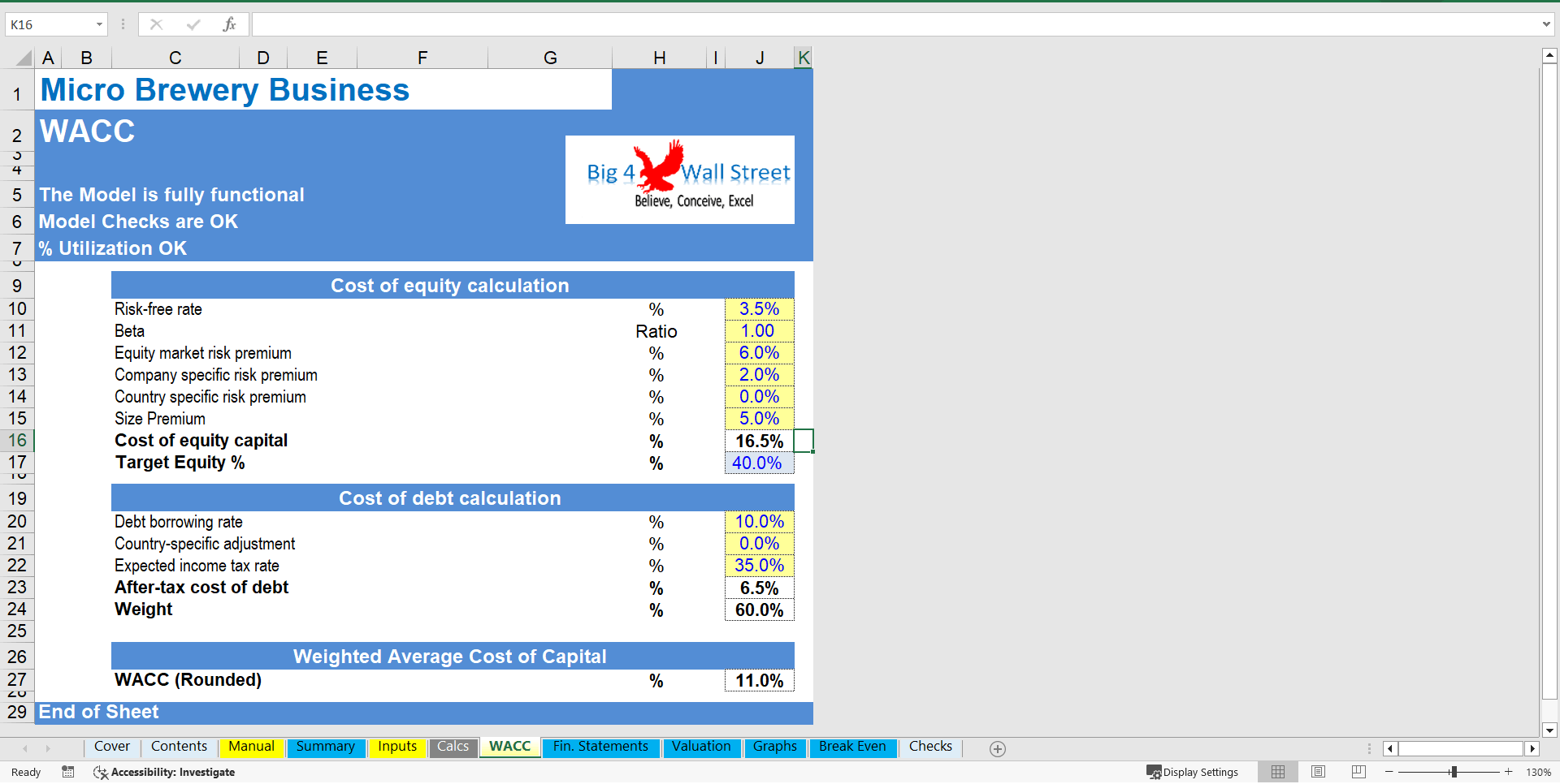 Micro-Brewery Business Financial Model (DCF and Valuation) (Excel template (XLSX)) Preview Image