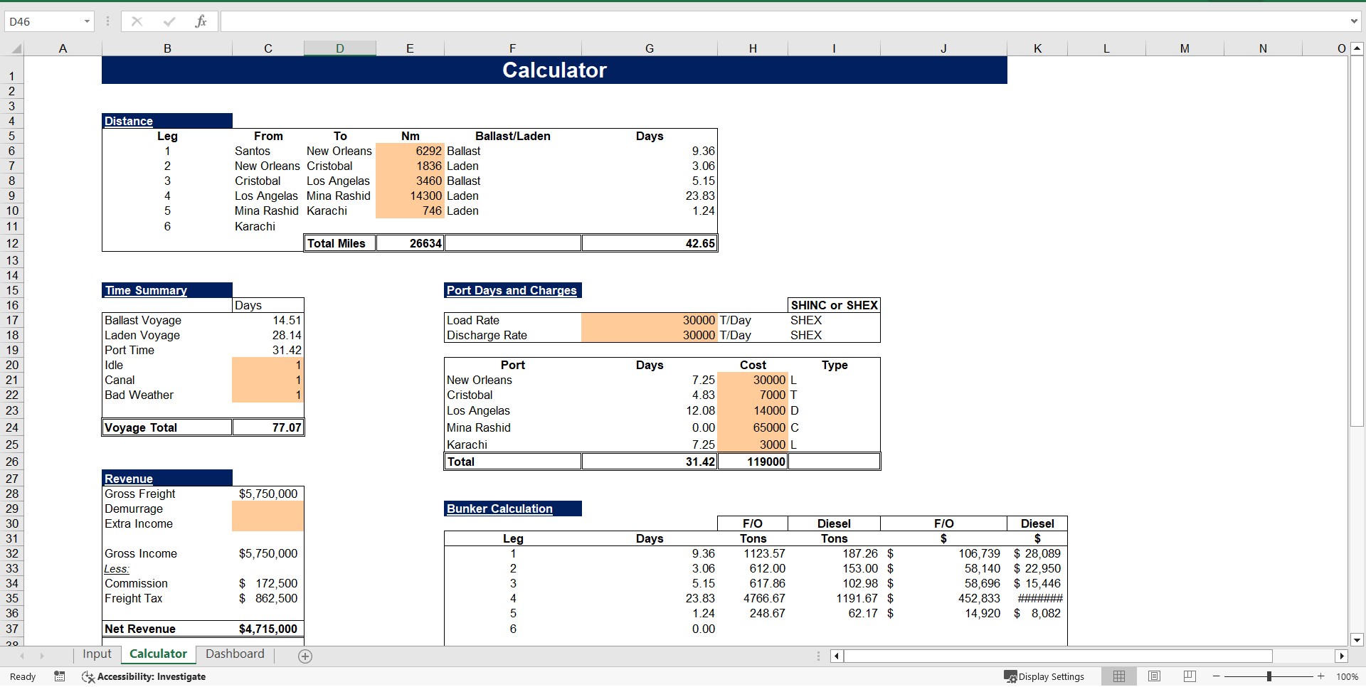 Vessel Voyage Calculator (Dry Cargo) Template (Excel template (XLSX)) Preview Image