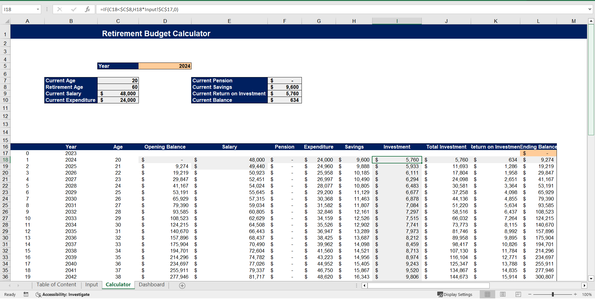 Retirement Budget Calculator Template (Excel template (XLSX)) Preview Image