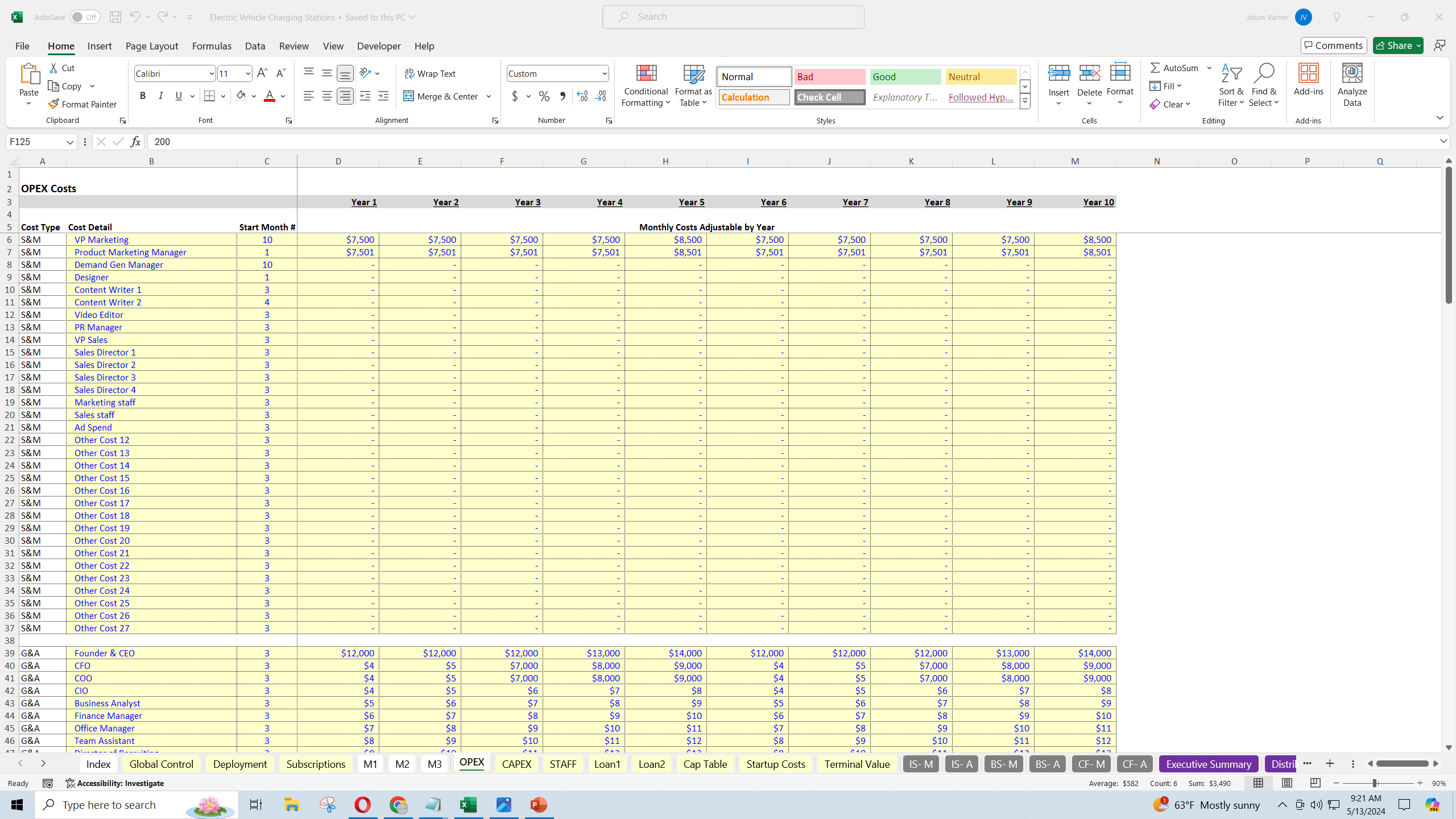 EV Charging Business: 10 Year Scaling Model (Excel template (XLSX)) Preview Image