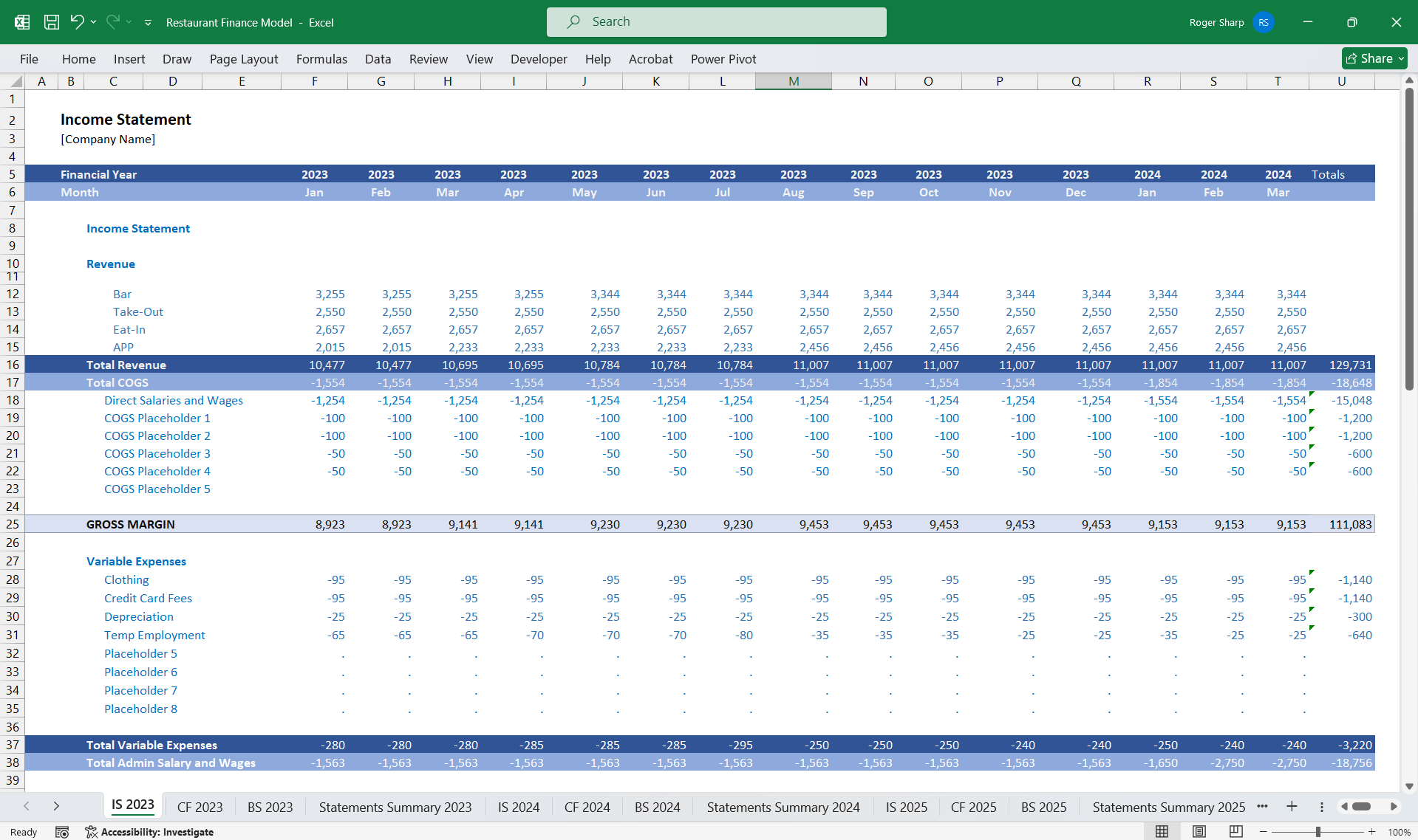 Restaurant 5-Year 3-Statement Financial Model (Excel template (XLSX)) Preview Image