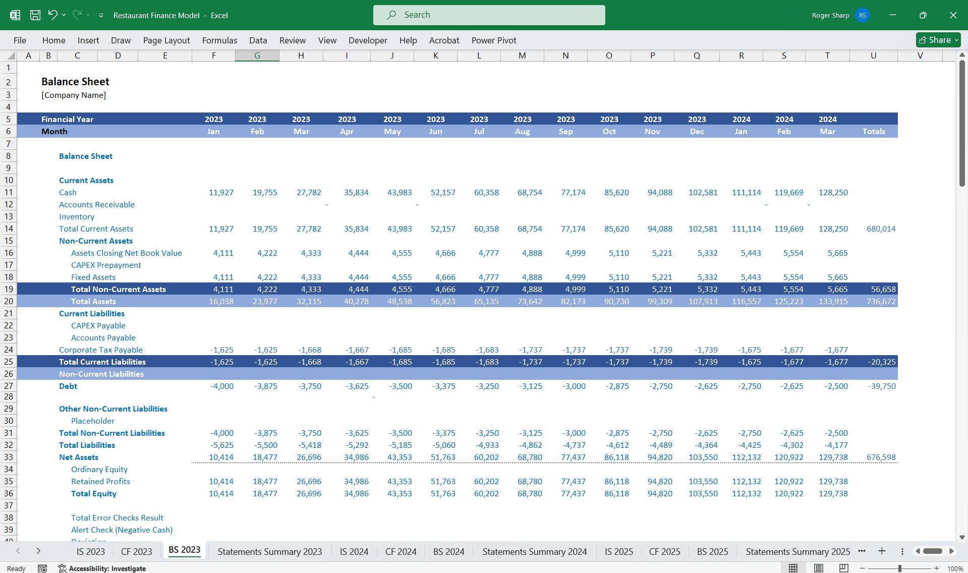 Restaurant 5-Year 3-Statement Financial Model (Excel template (XLSX)) Preview Image