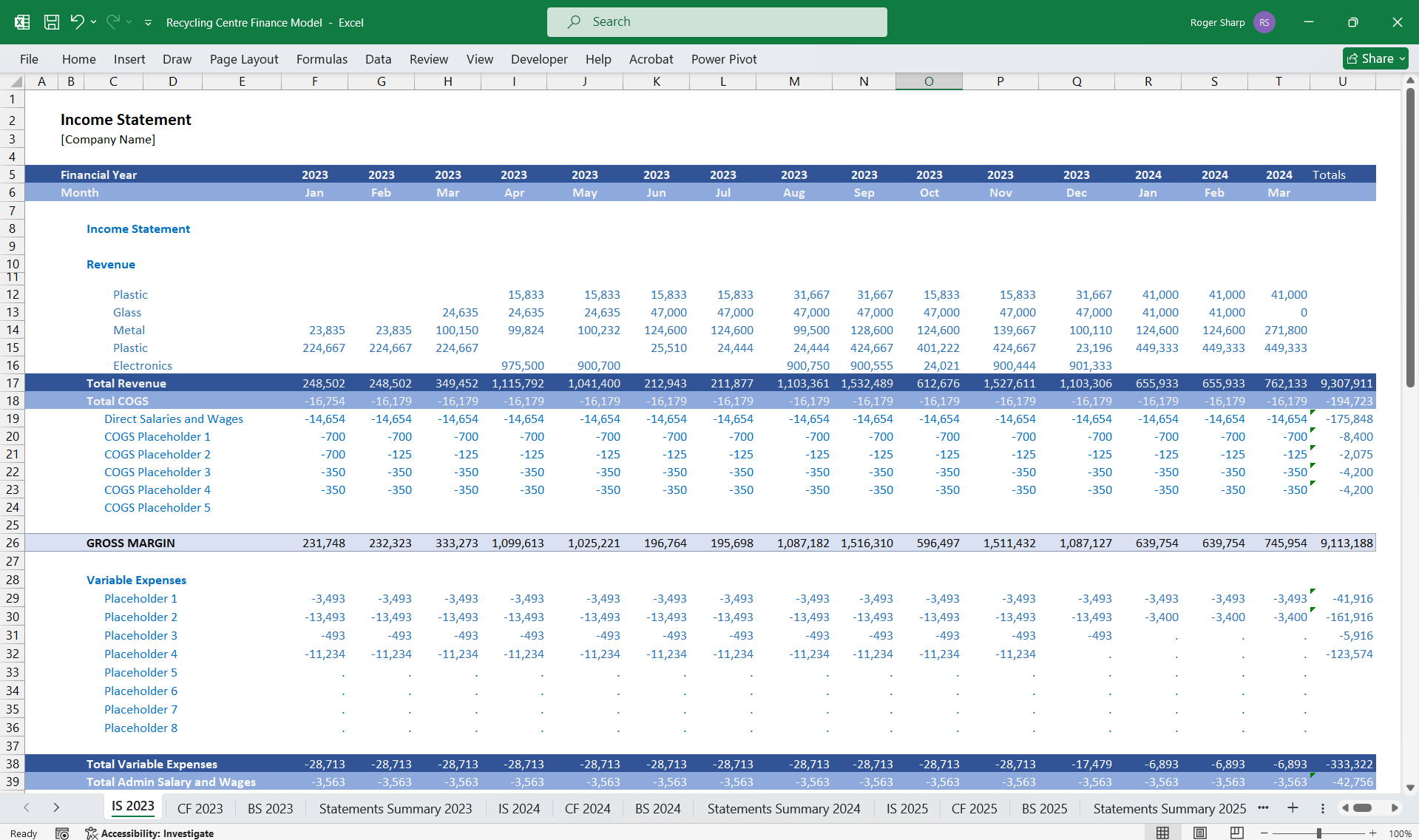 Recycling Center 5-Year 3-Statement Financial Model (Excel template (XLSX)) Preview Image